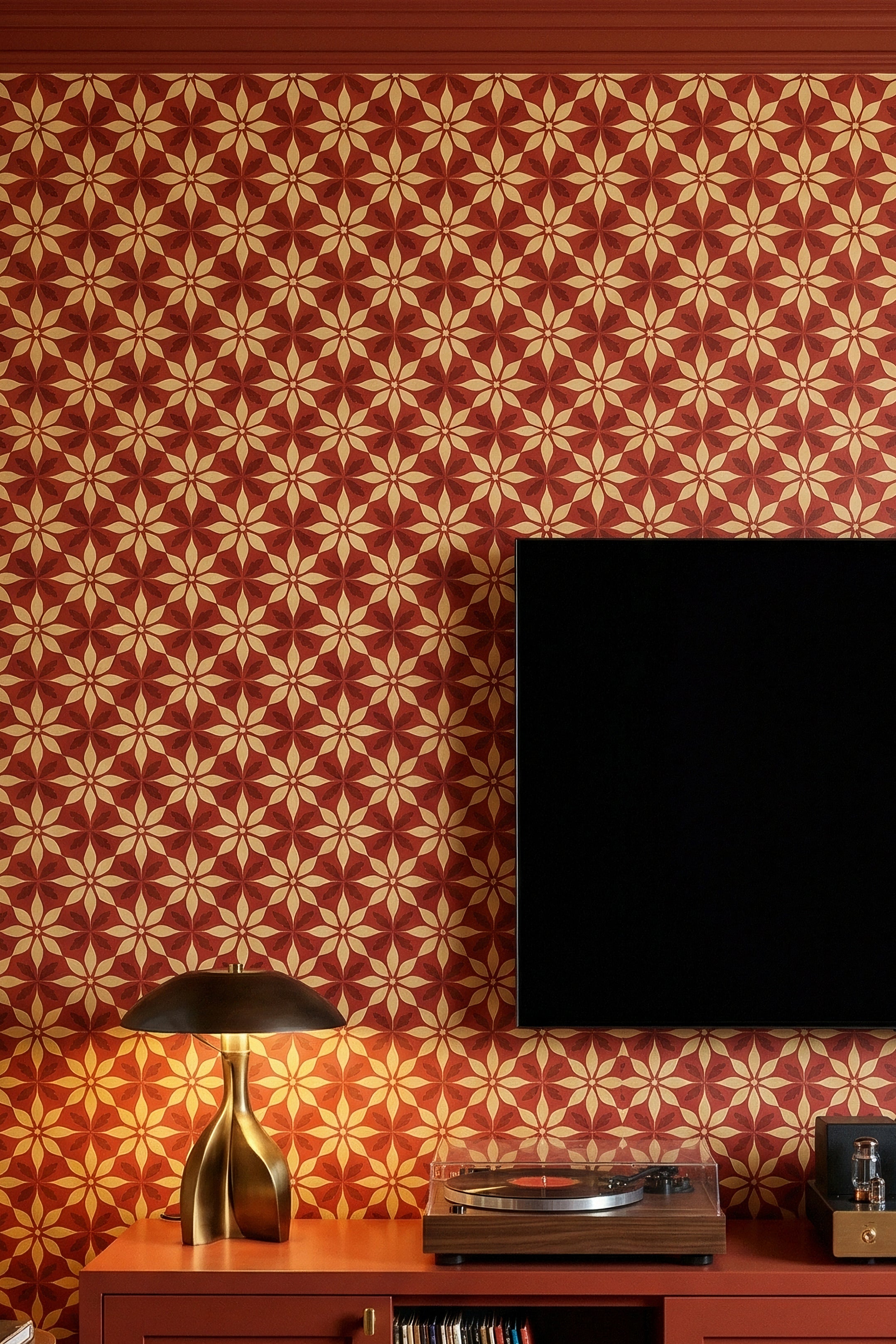 Amalfi Bloom wallpaper shown in a media room