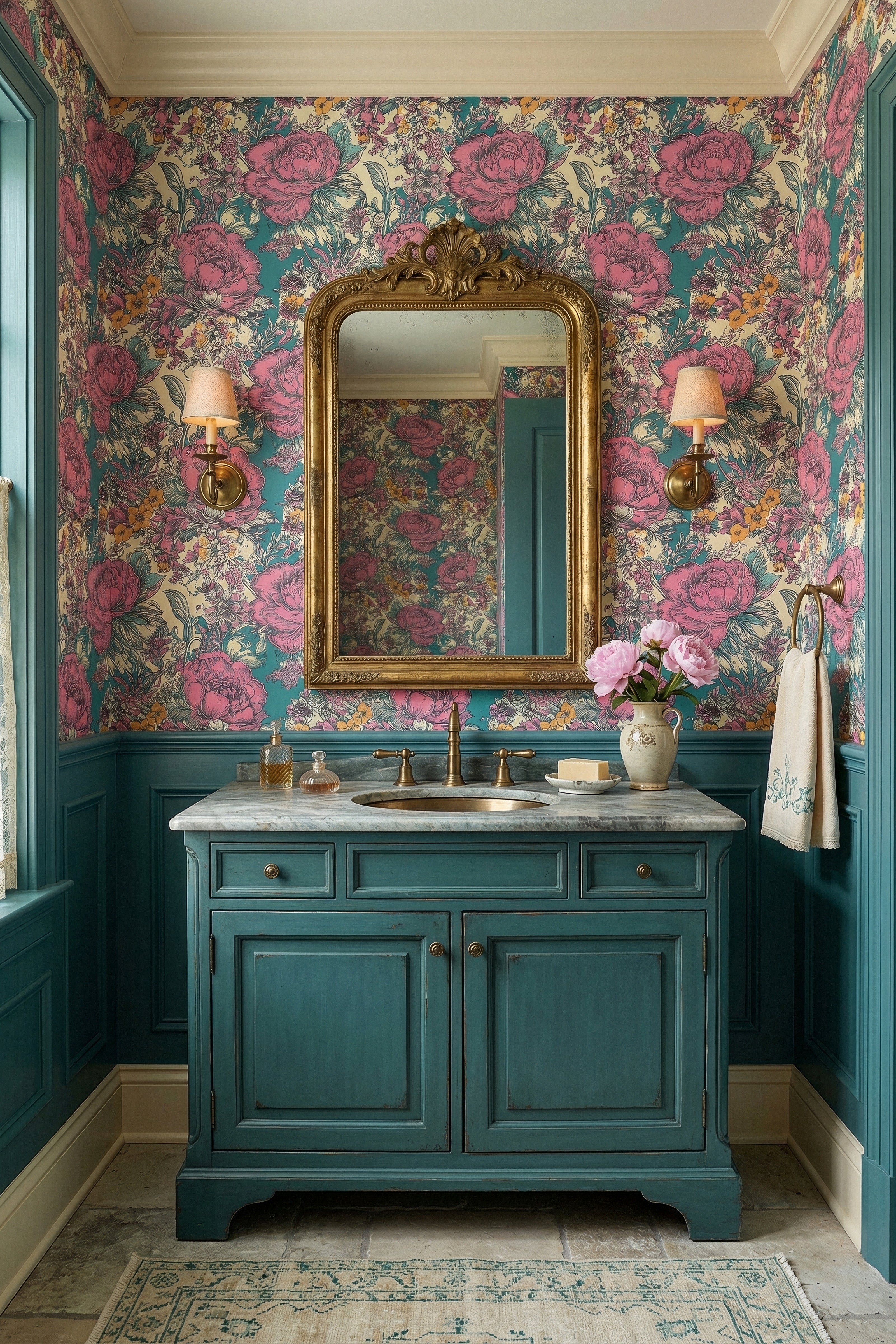 Provence Peony wallpaper shown in a powder room