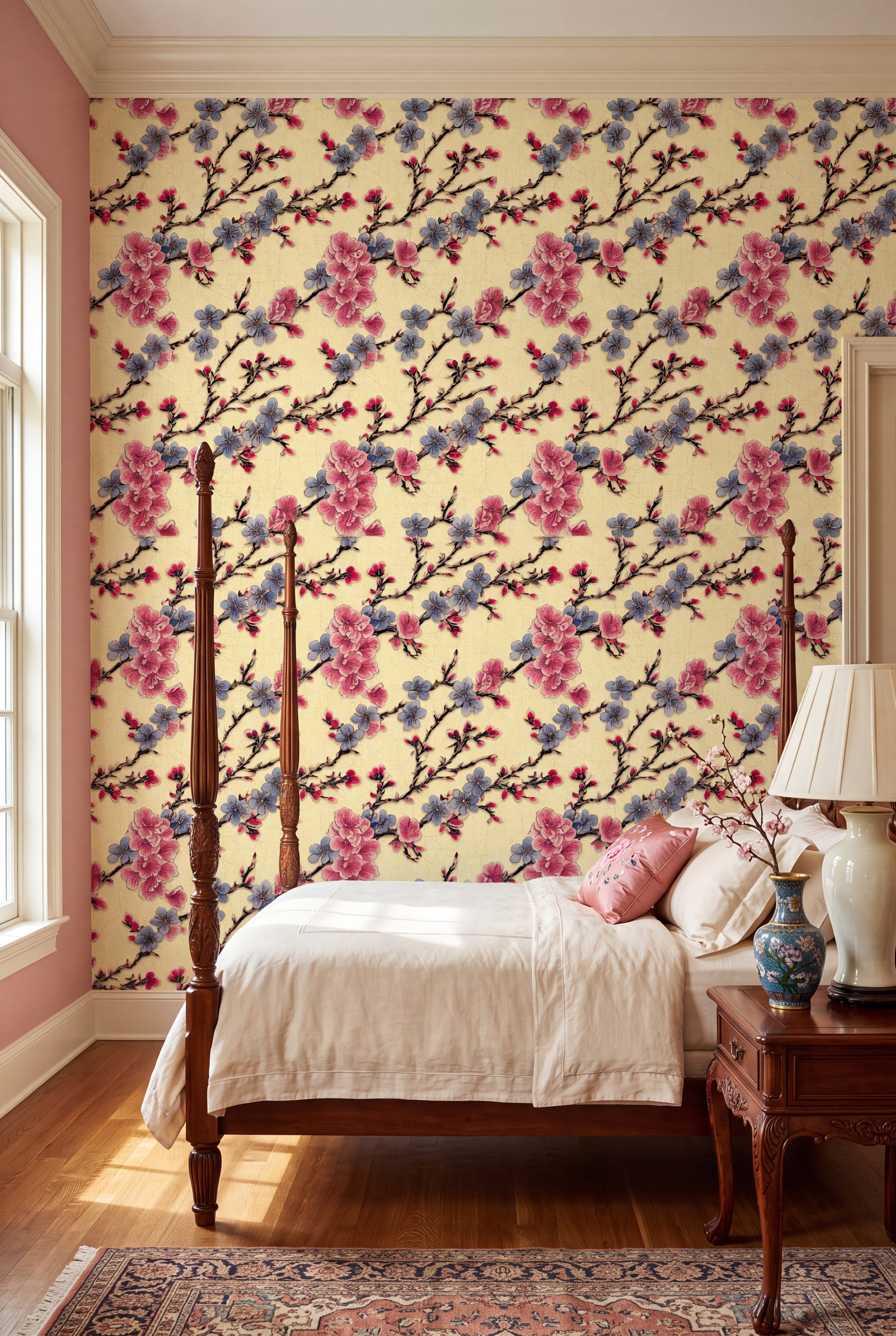 Blossom Pavilion wallpaper shown in a bedroom