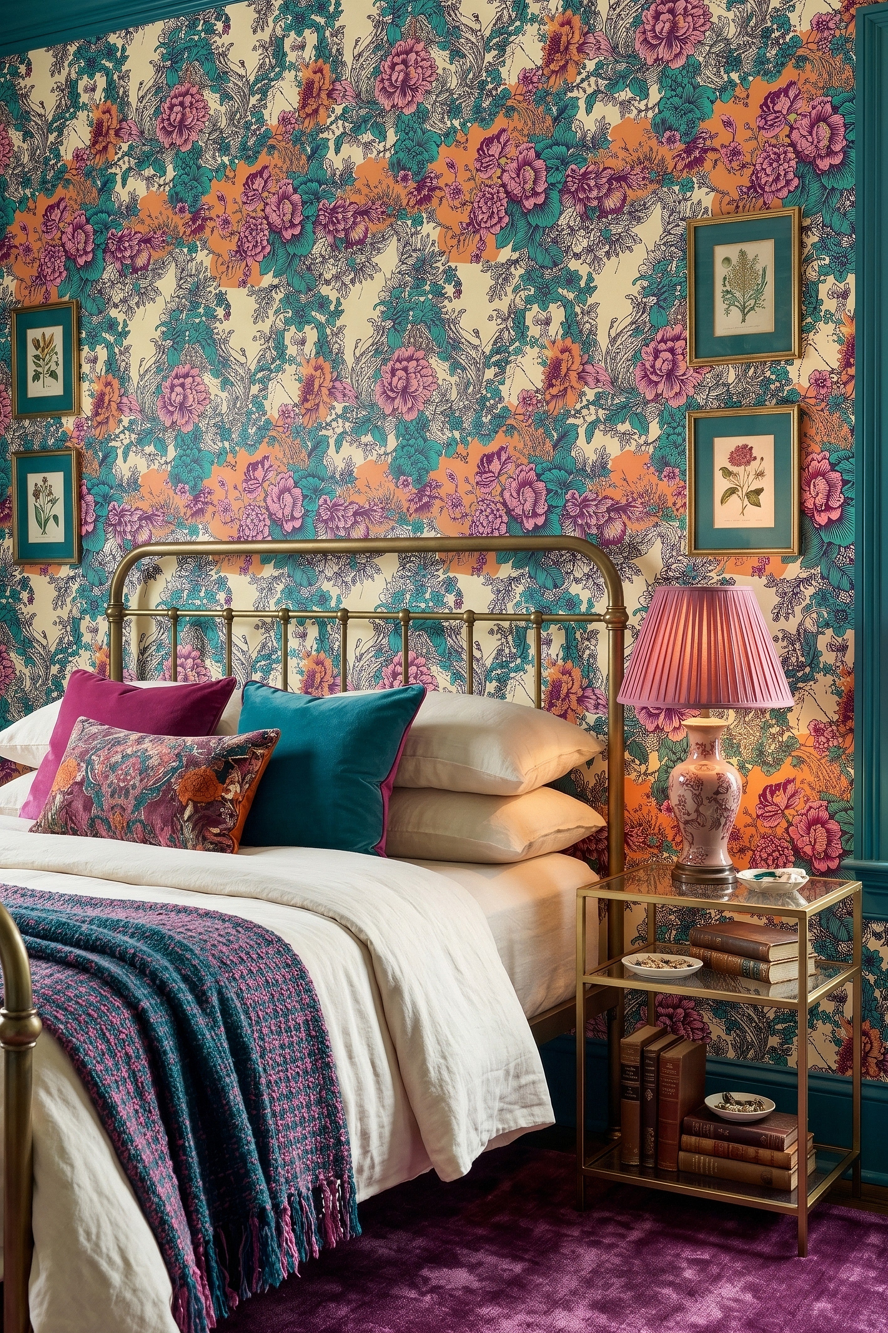 Rococo Coral wallpaper shown in a bedroom