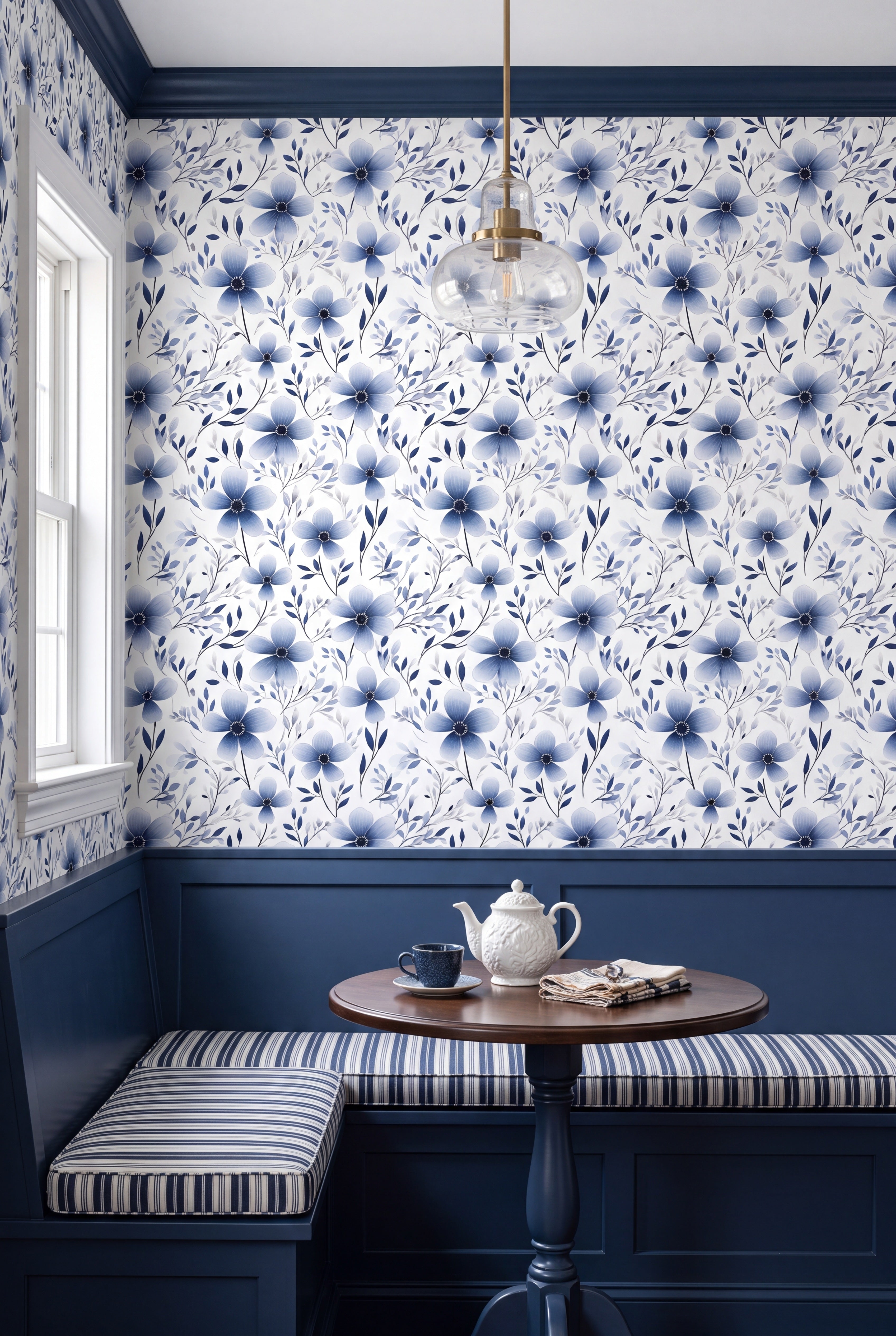 Indigo Bloom wallpaper shown in a cozy nook