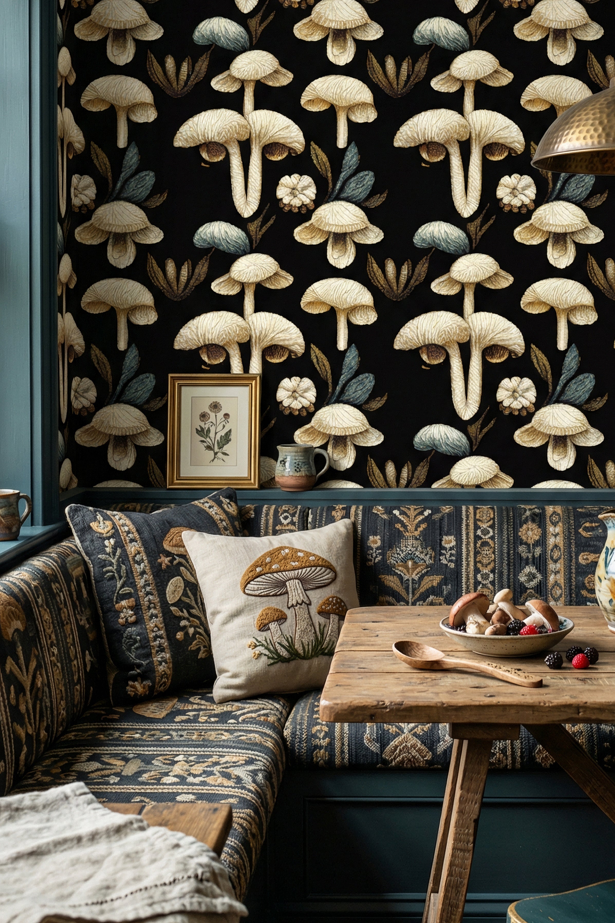 Velvet Cap wallpaper shown in a cozy nook
