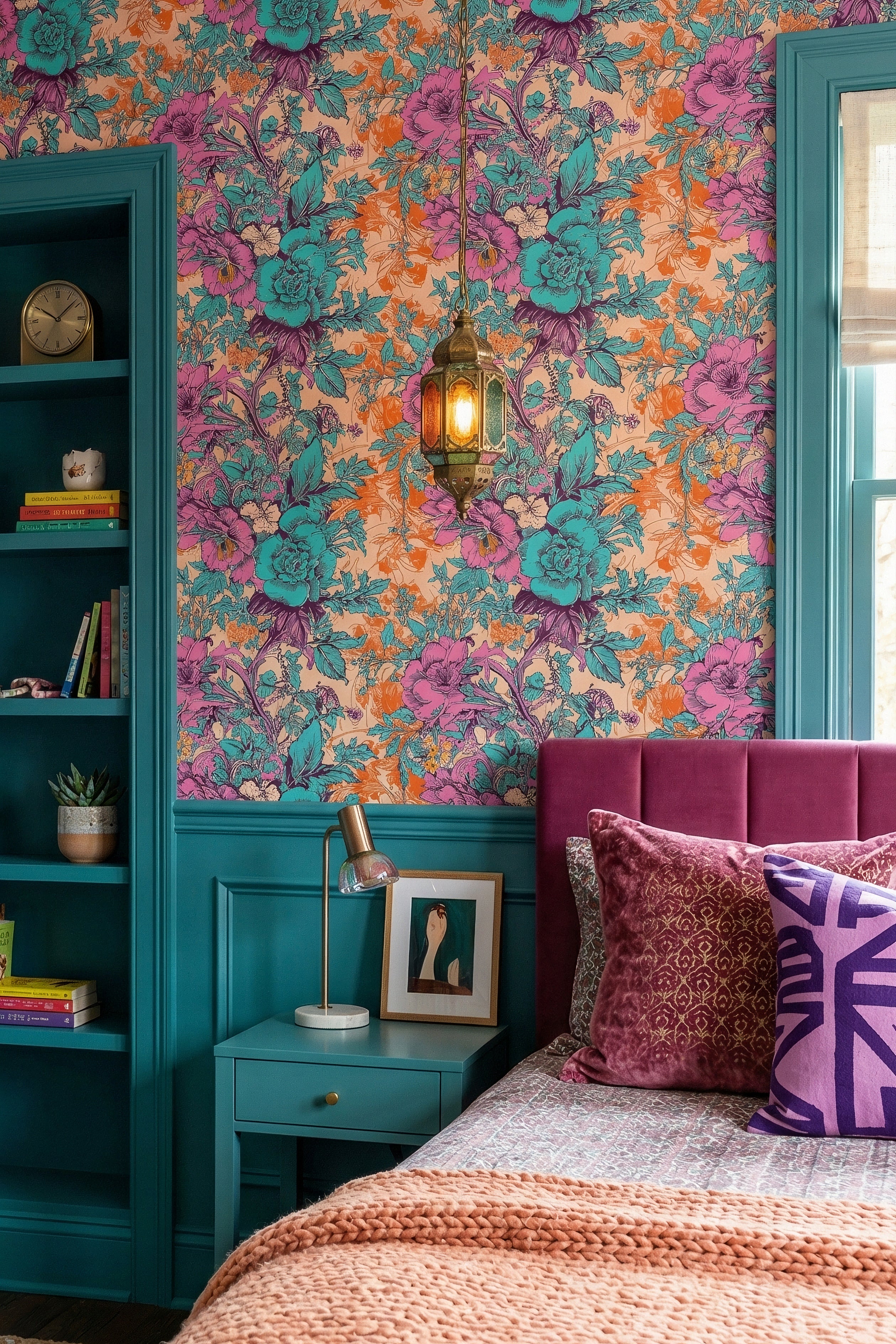 Toile Remix wallpaper shown in a bedroom