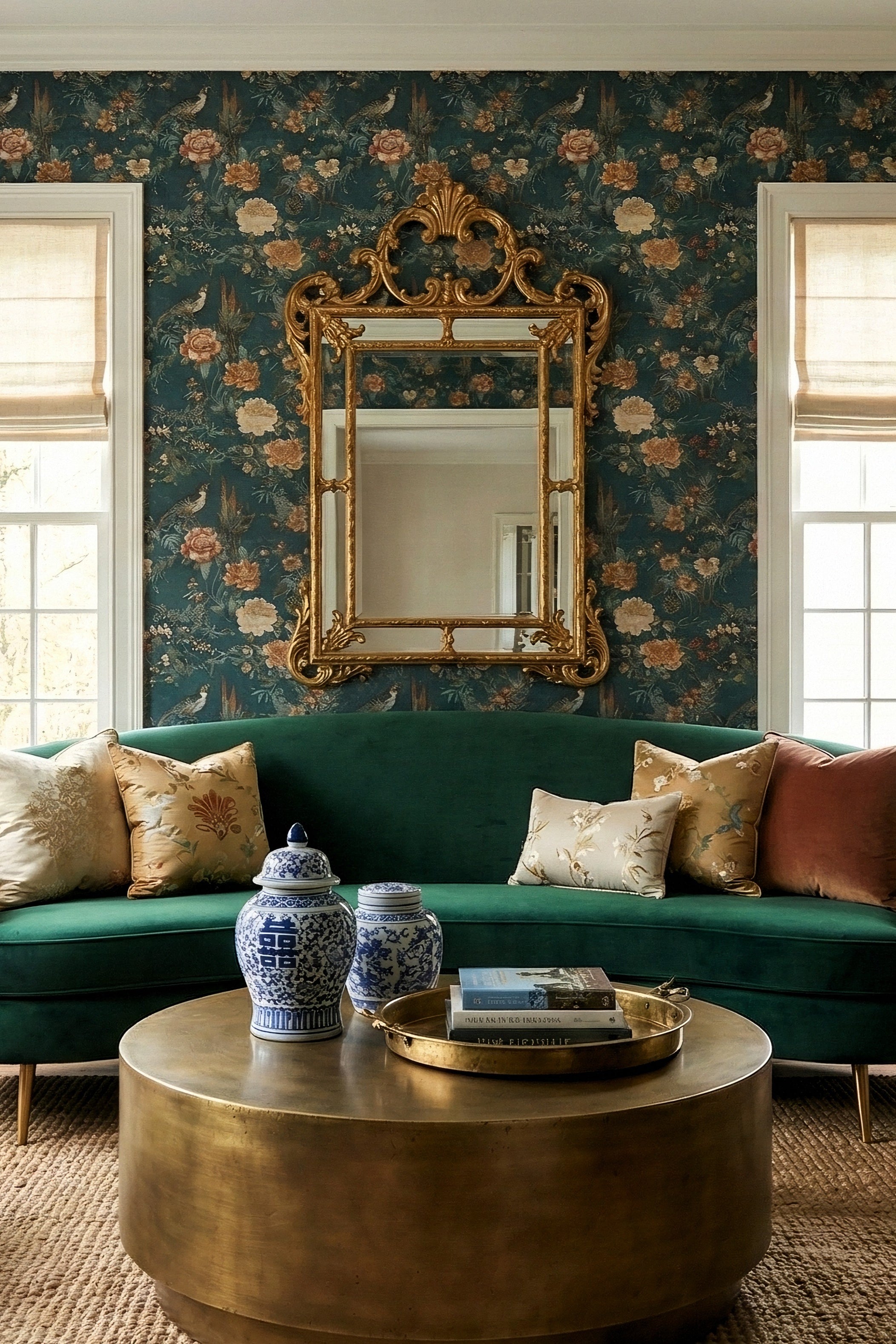 Teal Aviary wallpaper shown in a living room