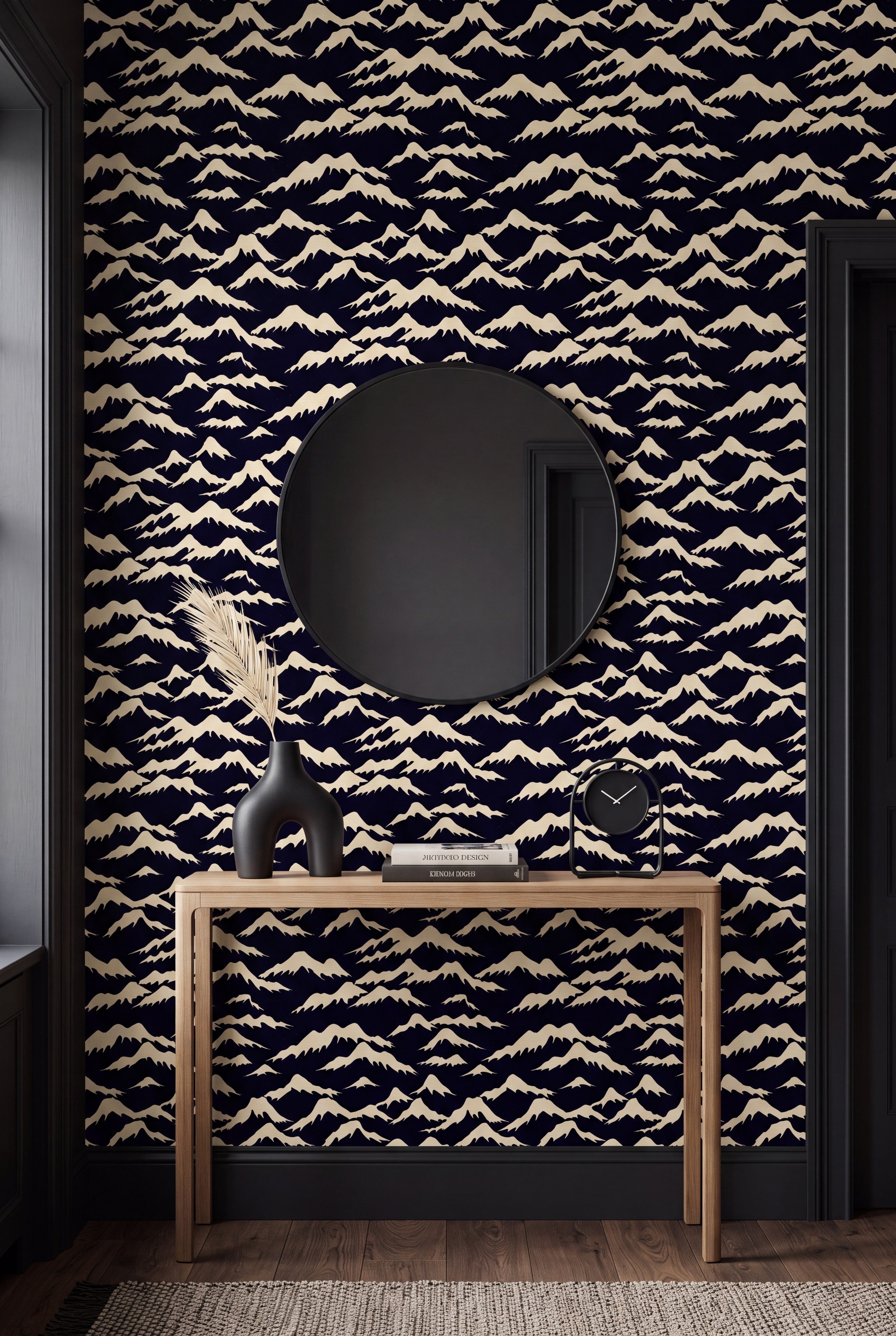 Ink Mountain wallpaper shown on an accent wall