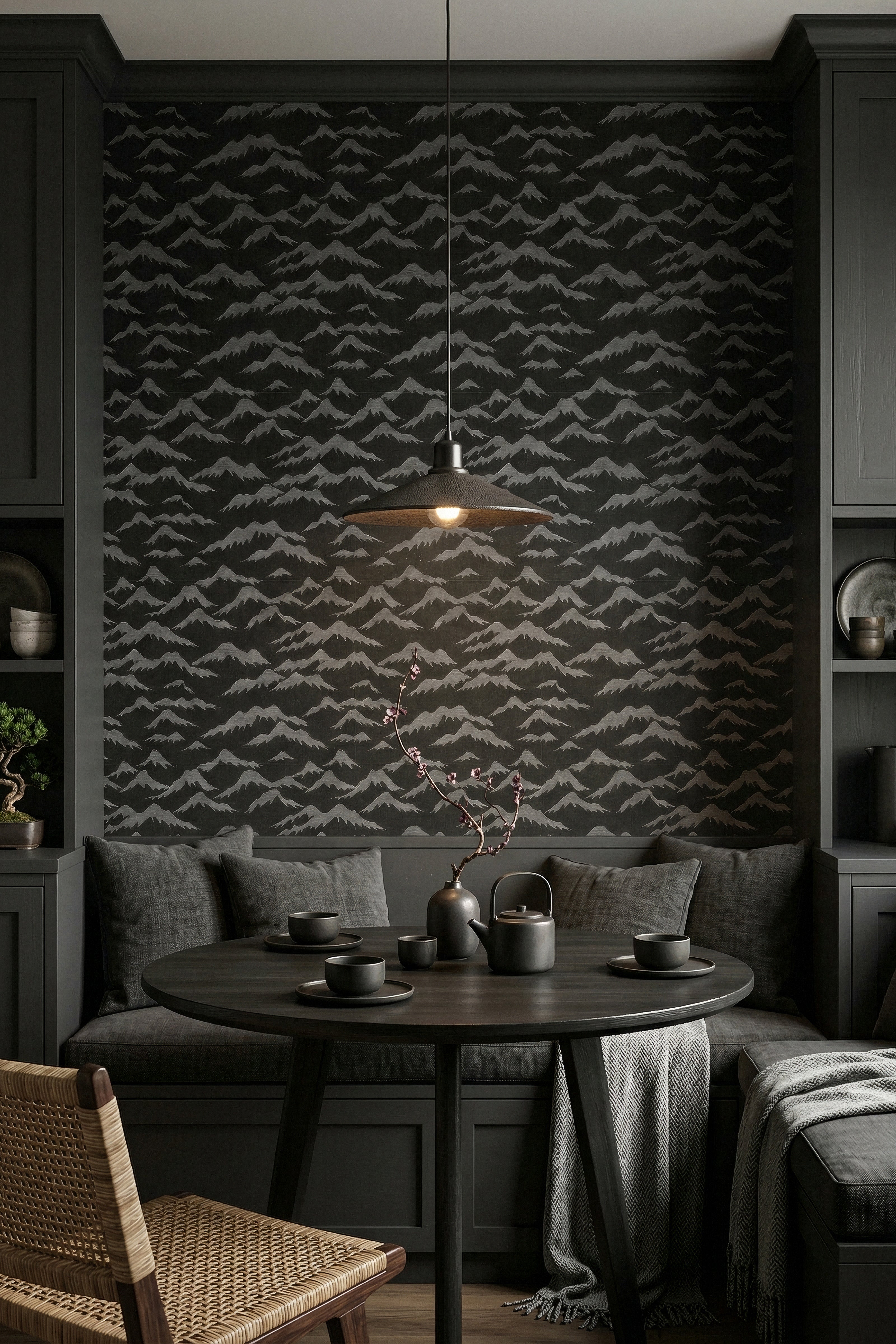 Misty Summit wallpaper shown in a cozy nook