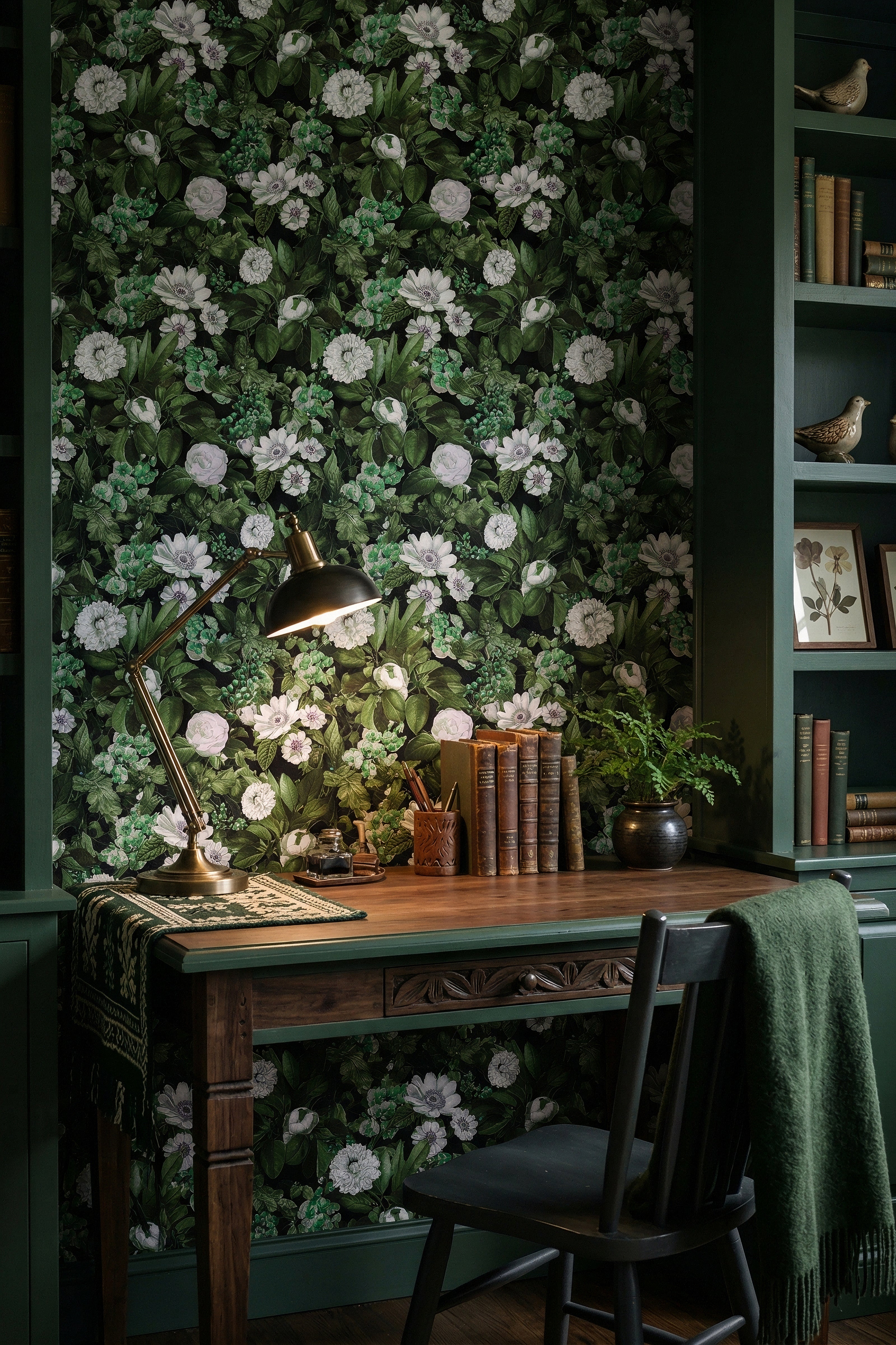 Deep Flora wallpaper shown in a home office