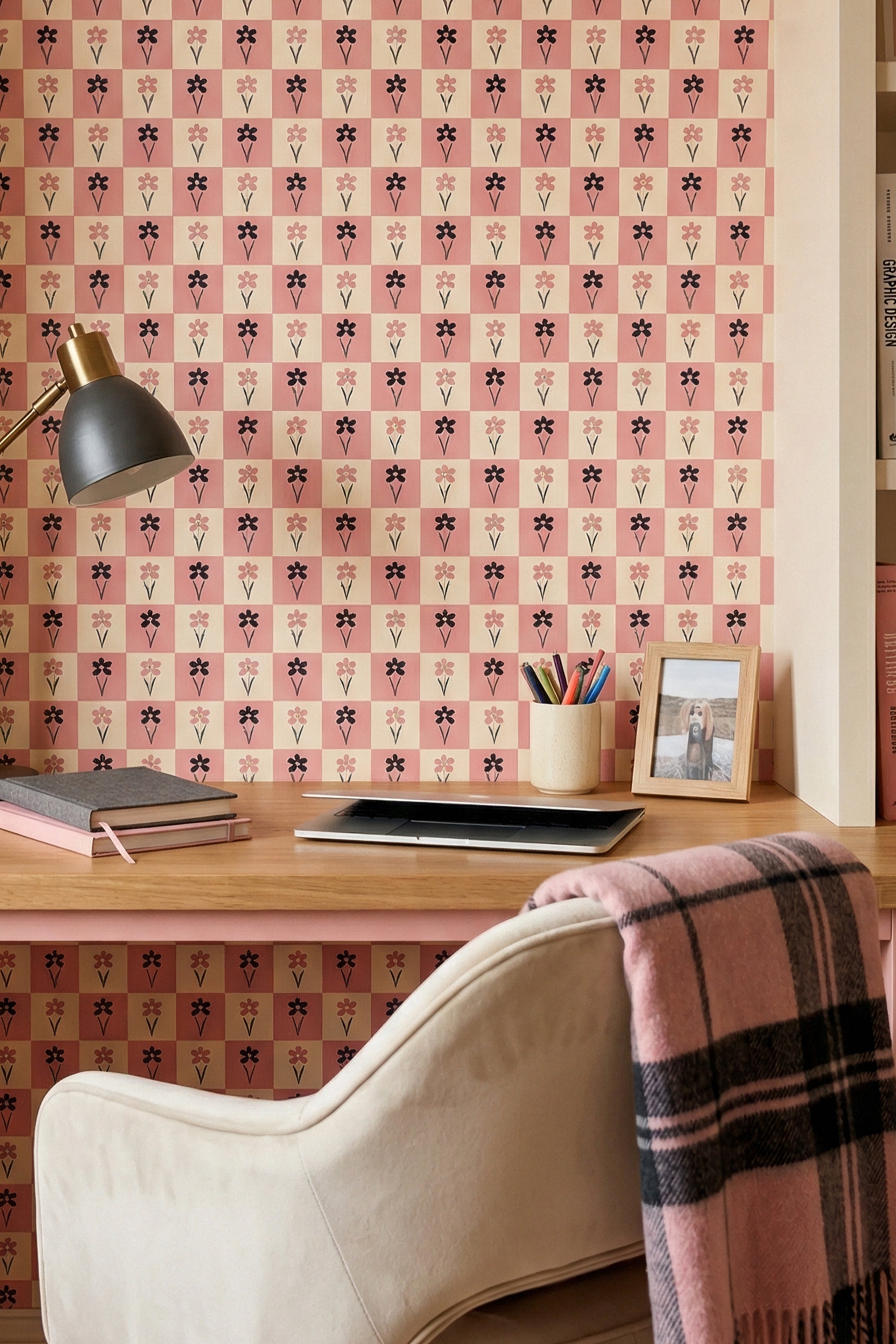 Checkerbloom wallpaper shown in a home office