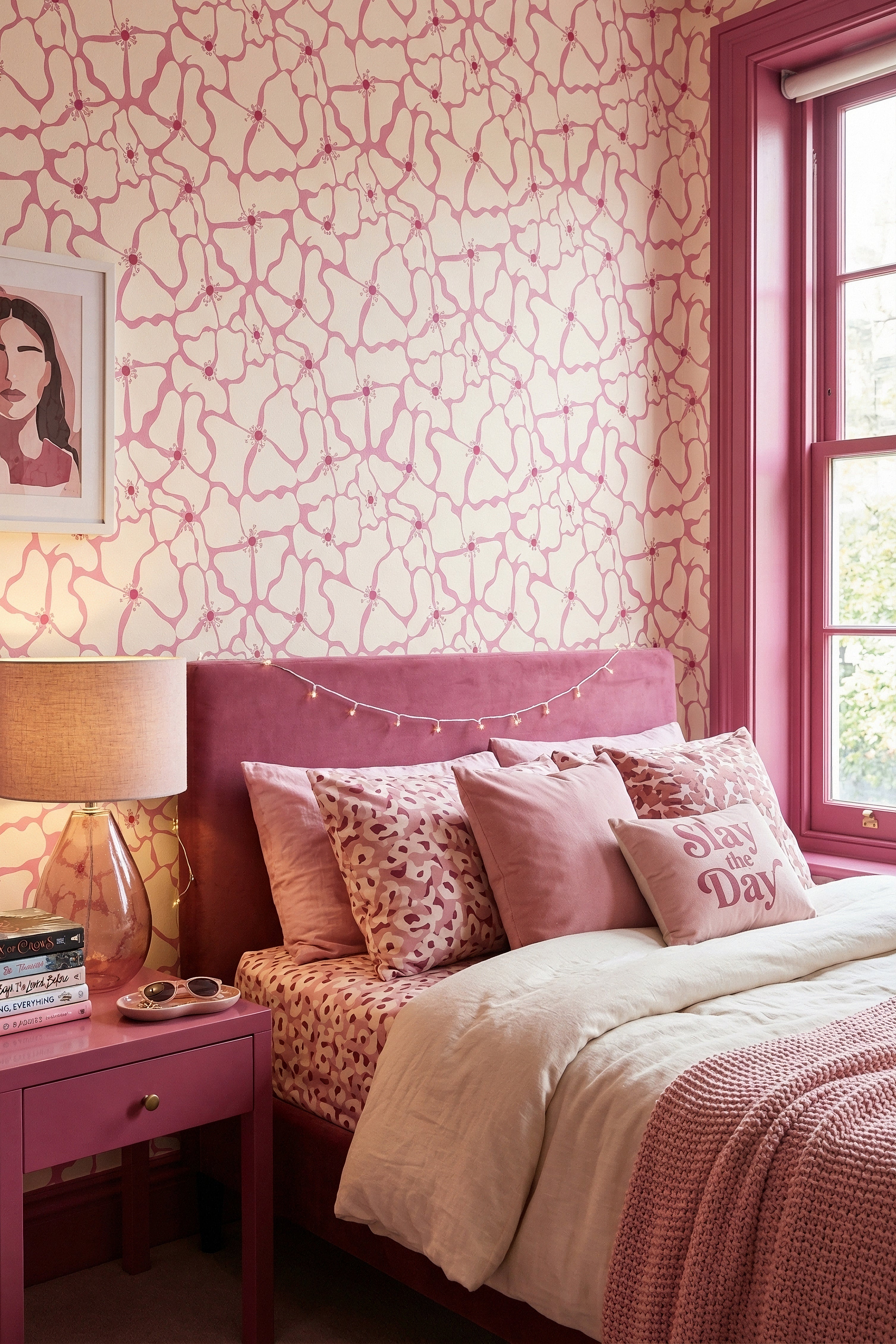 Big Bloom wallpaper shown in a bedroom