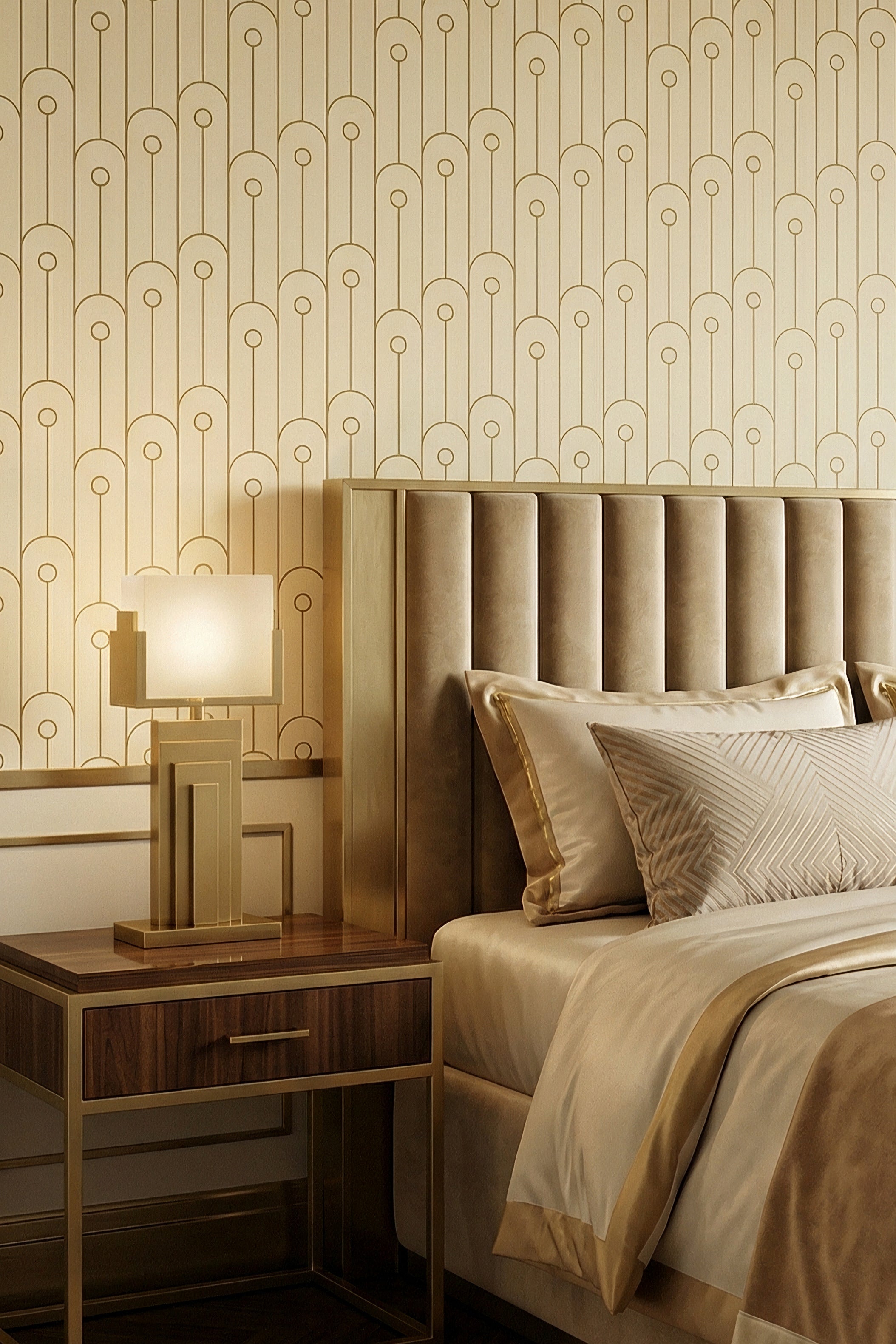Grand Arcade wallpaper shown in a bedroom