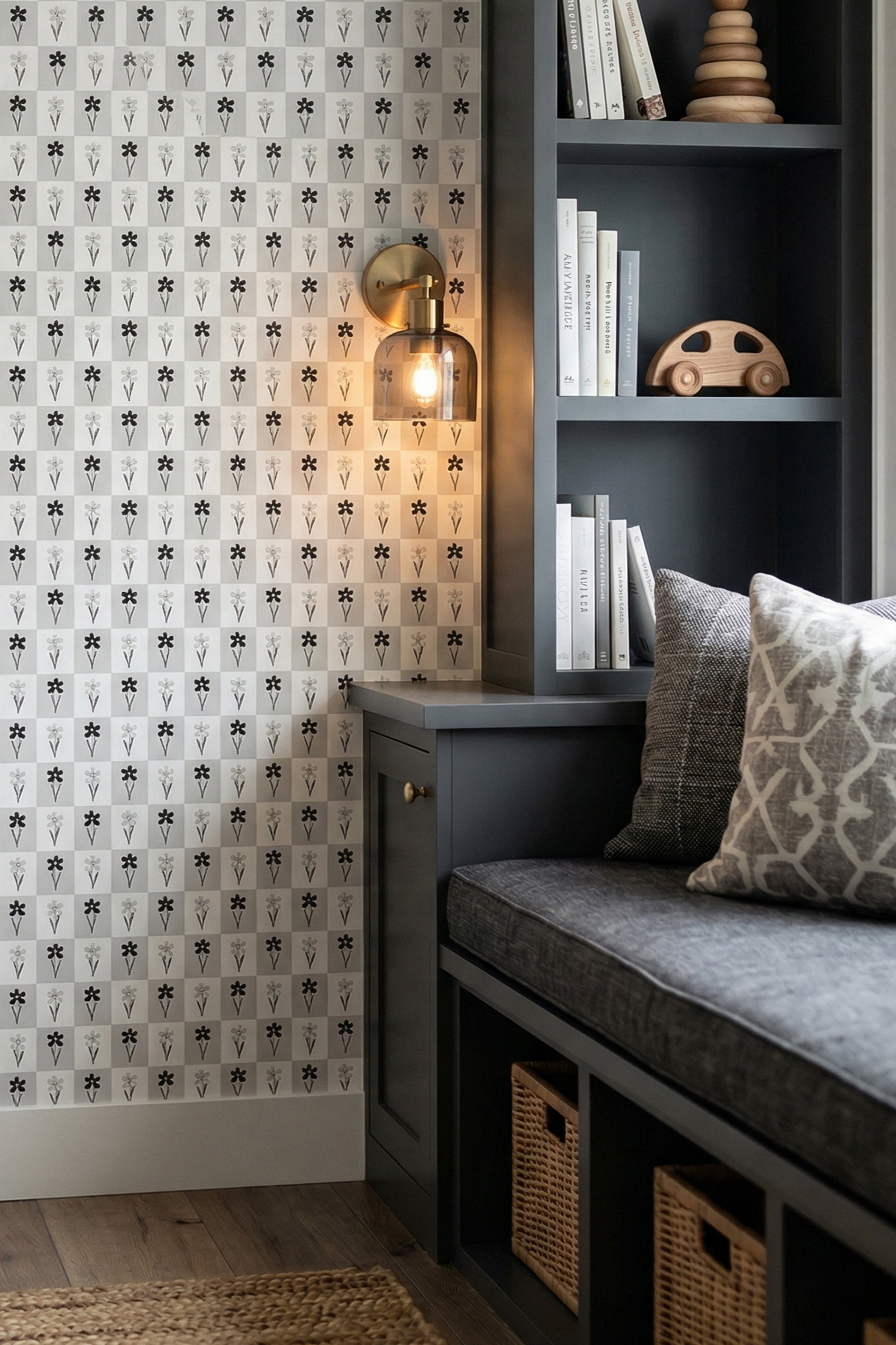 Checkmate wallpaper shown in a reading nook