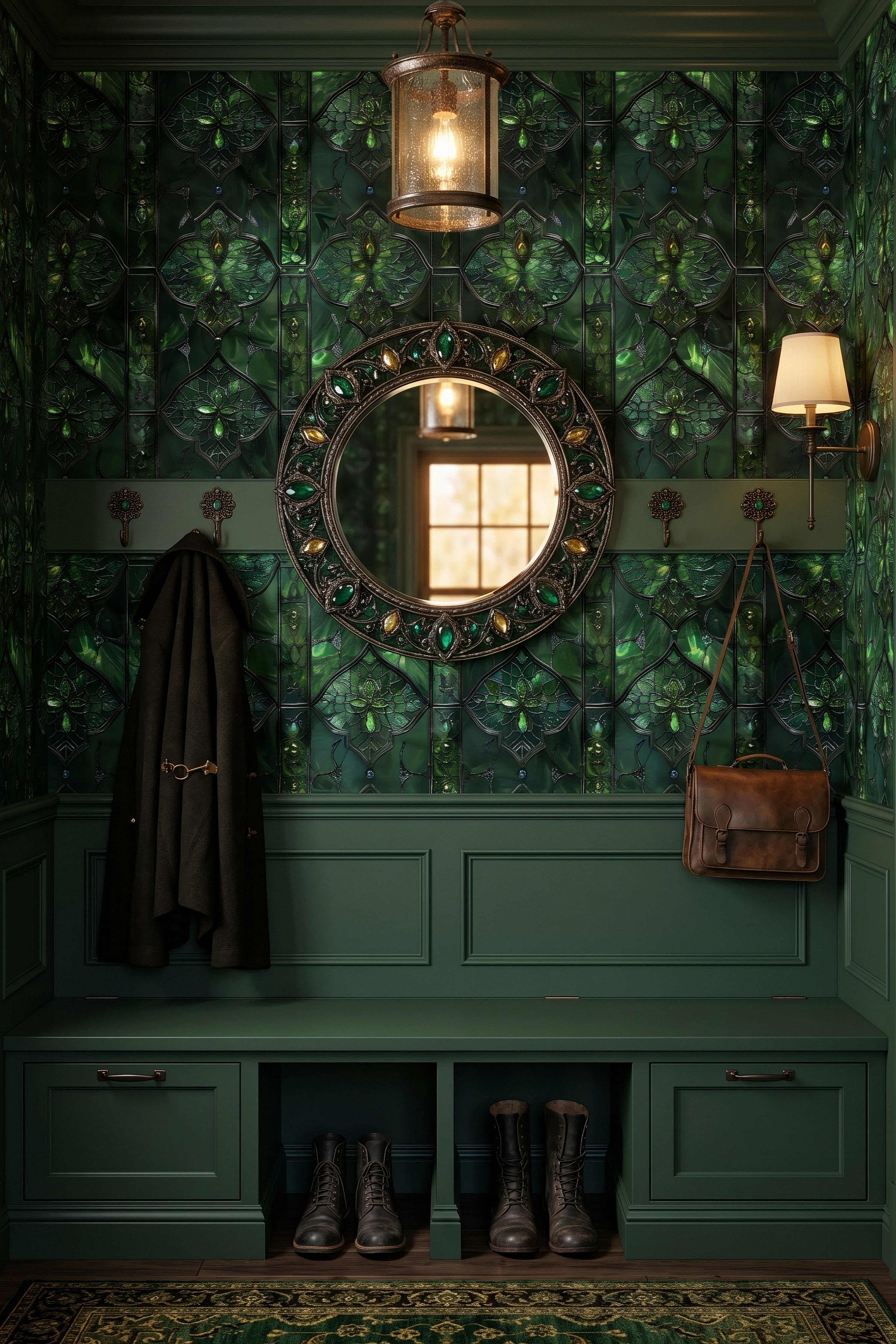 Emerald Chapel wallpaper shown in a mudroom