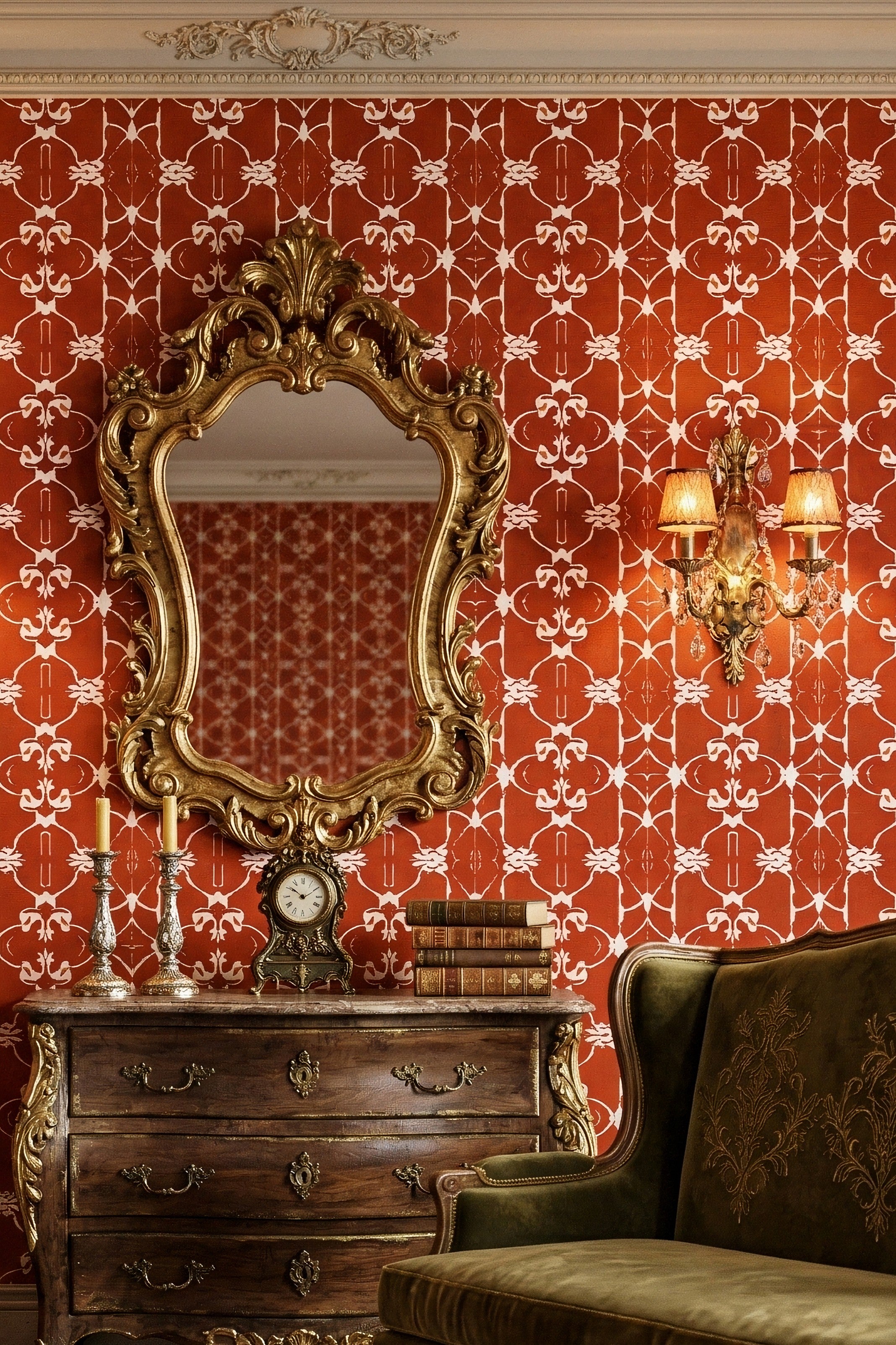 Tuscan Scroll wallpaper shown in a living room
