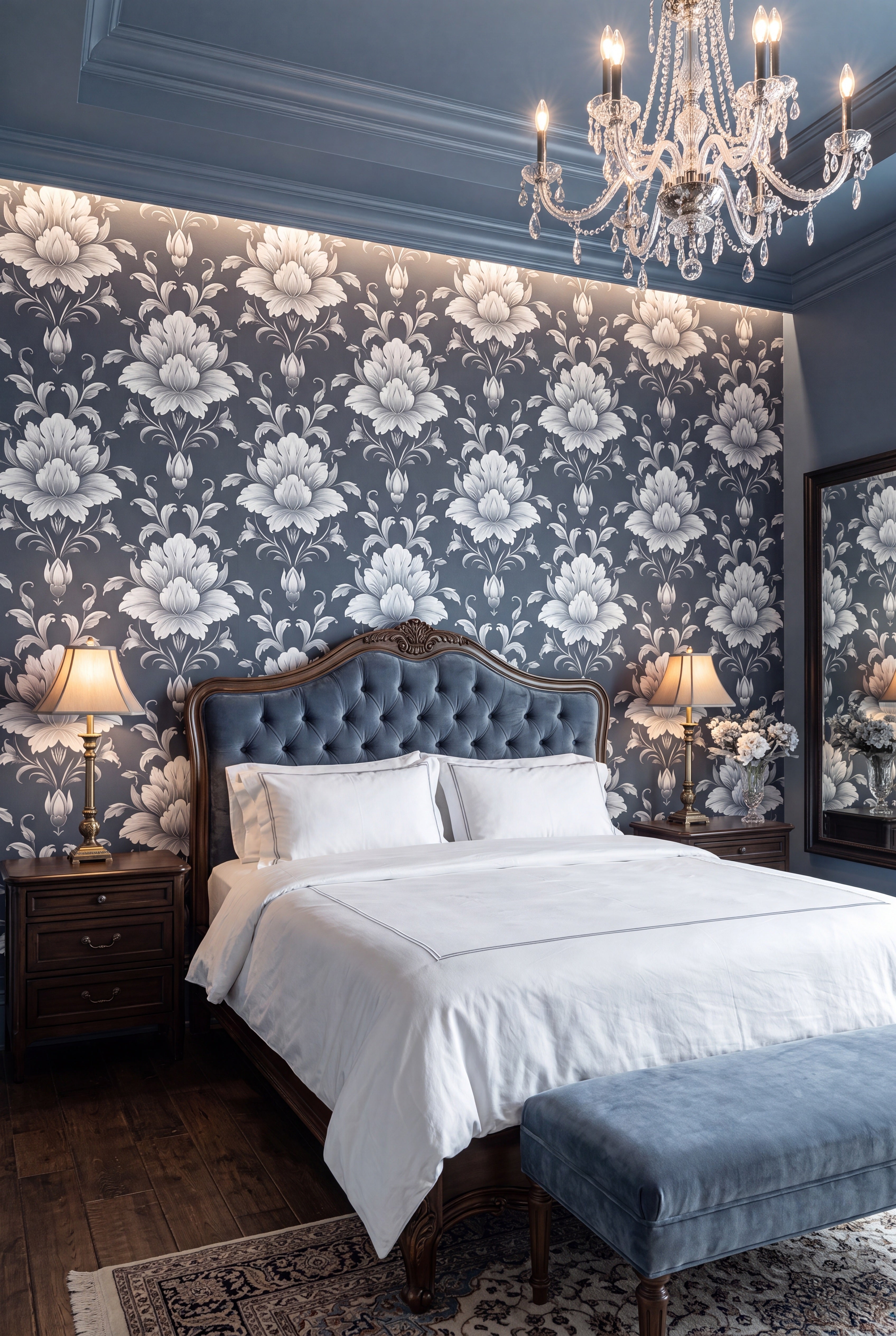 Sterling Damask wallpaper shown in a bedroom