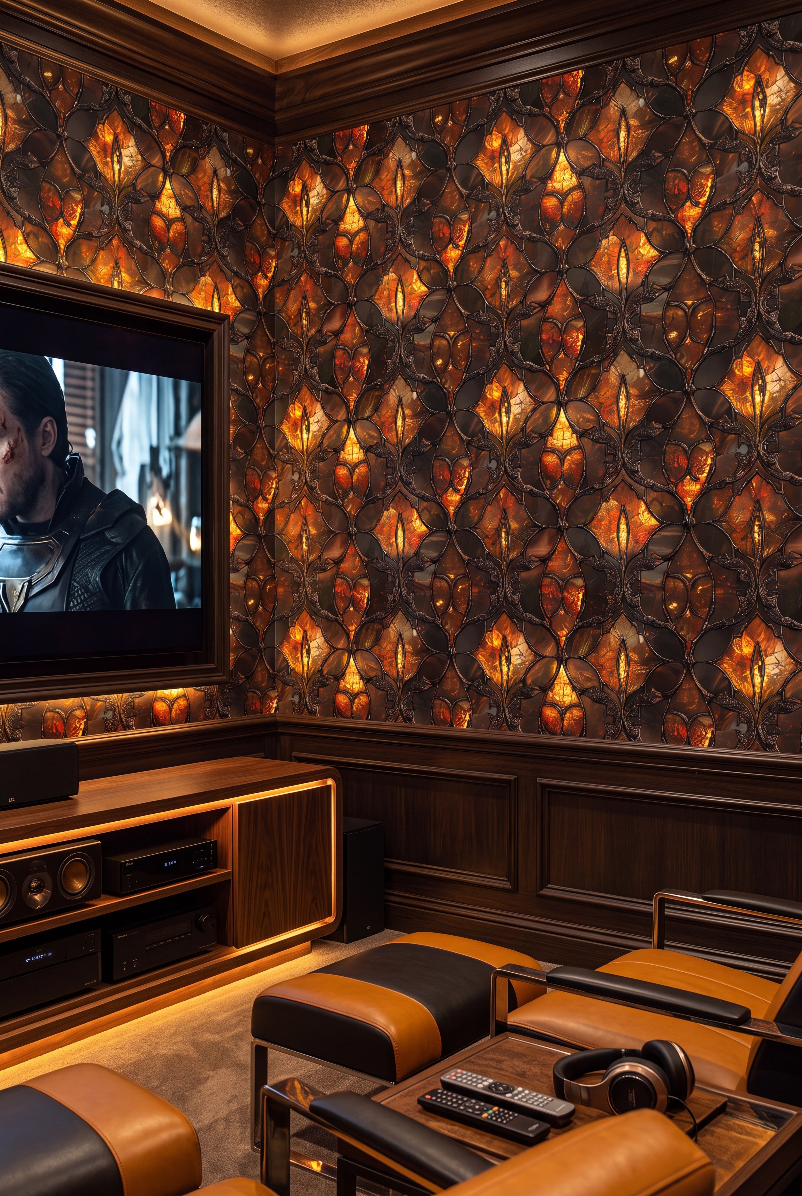 Amber Abbey wallpaper shown in a media room