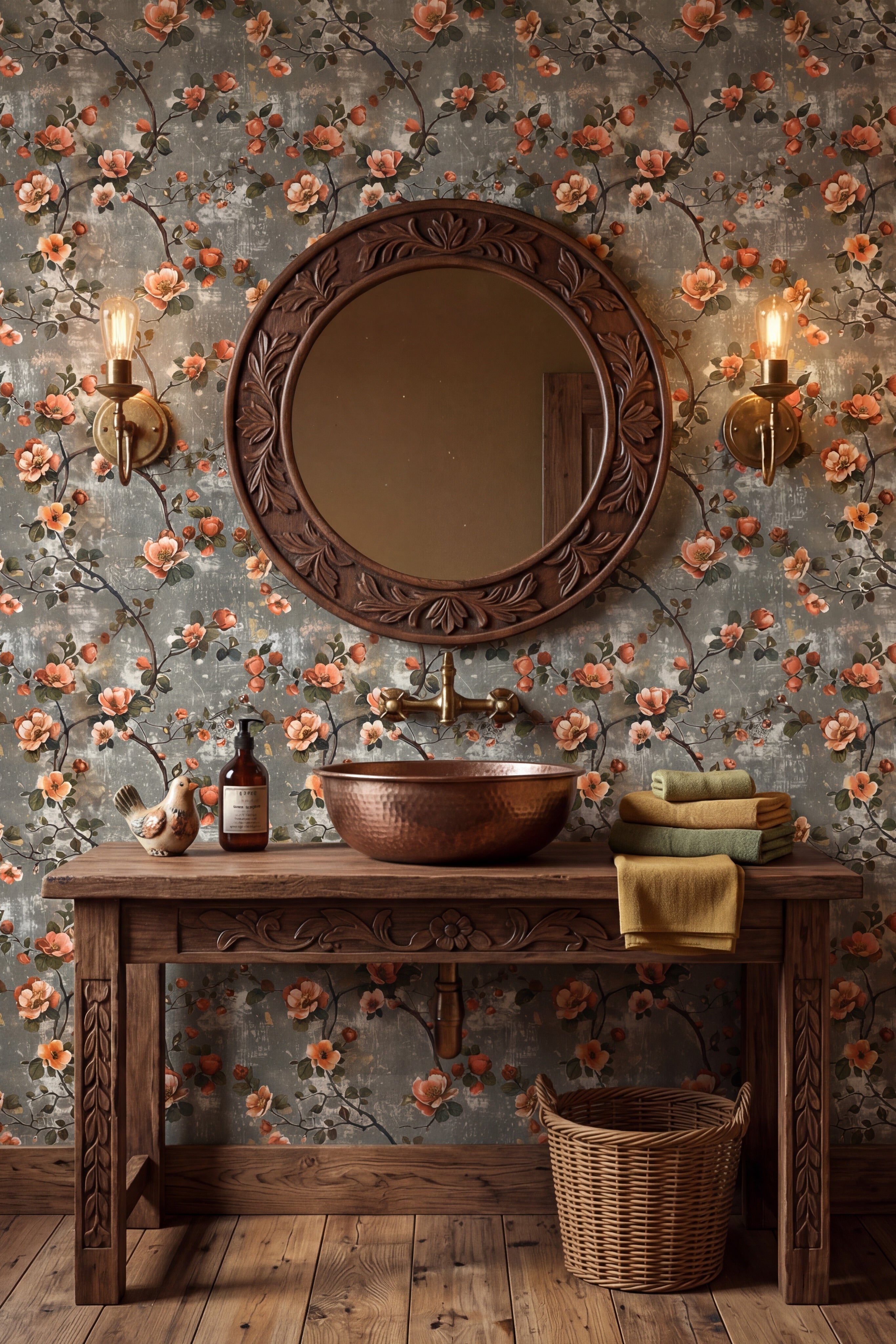 Coral & Ash wallpaper shown in a powder room