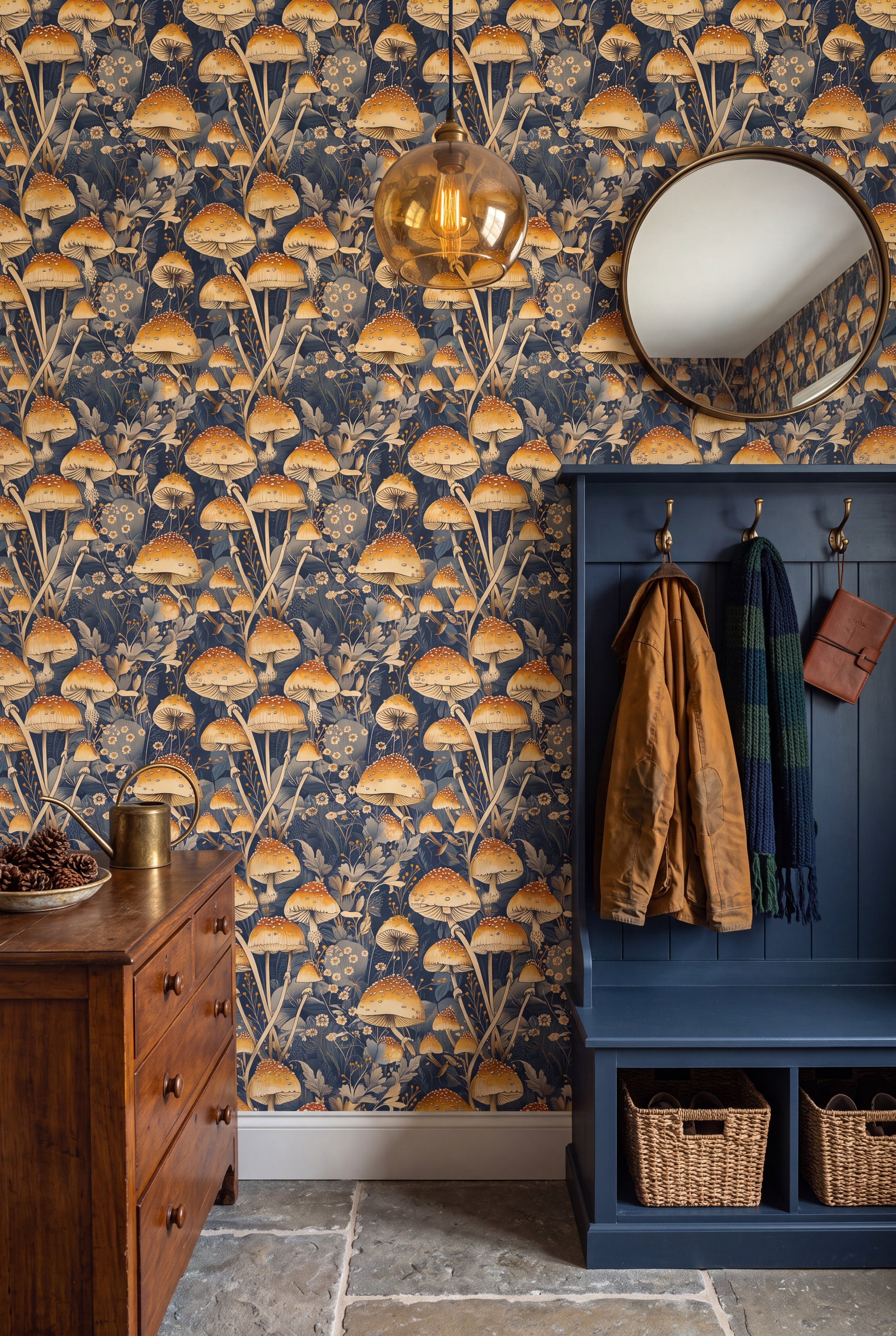 Golden Cap wallpaper shown in a mudroom