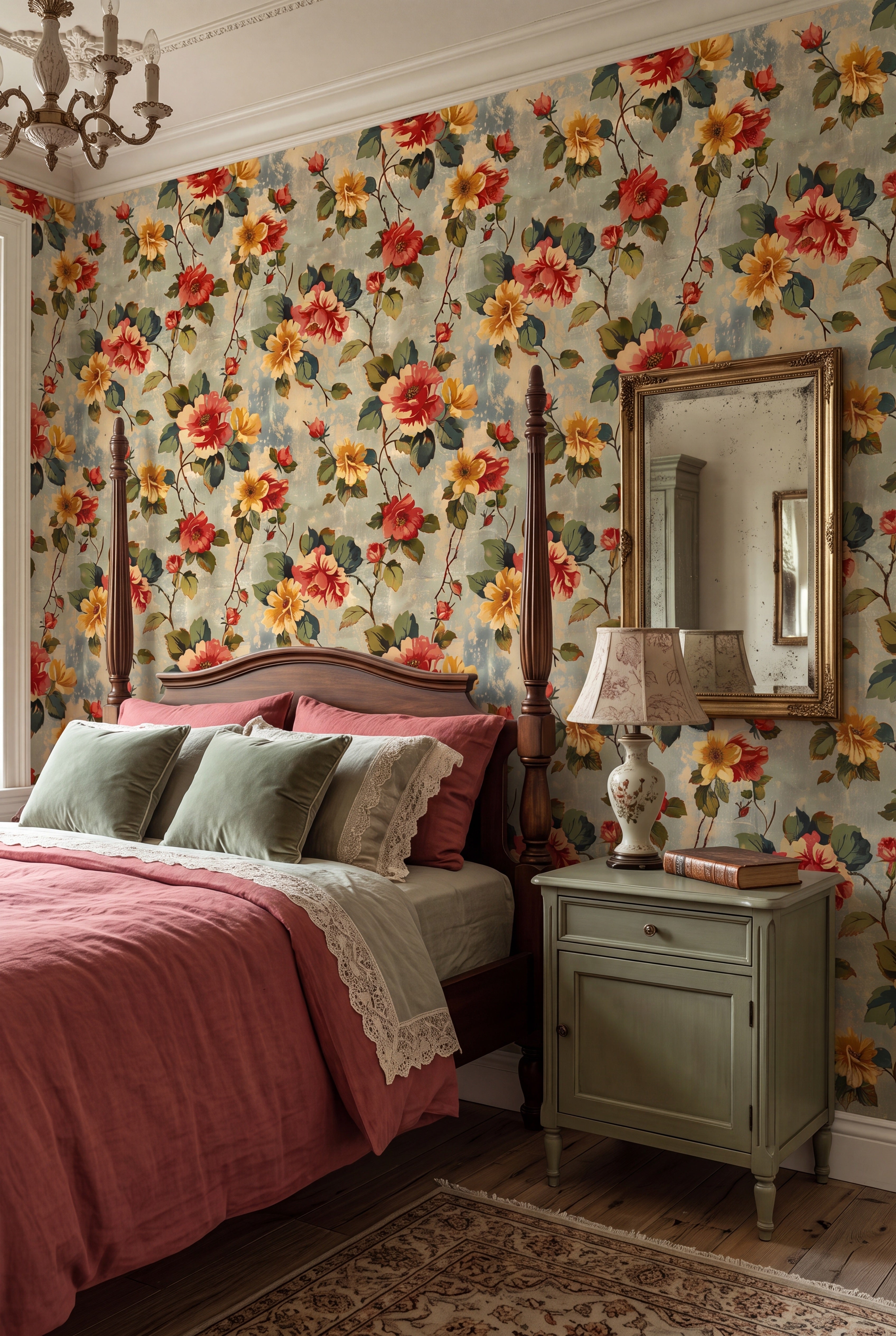 Retro Posy wallpaper shown in a bedroom