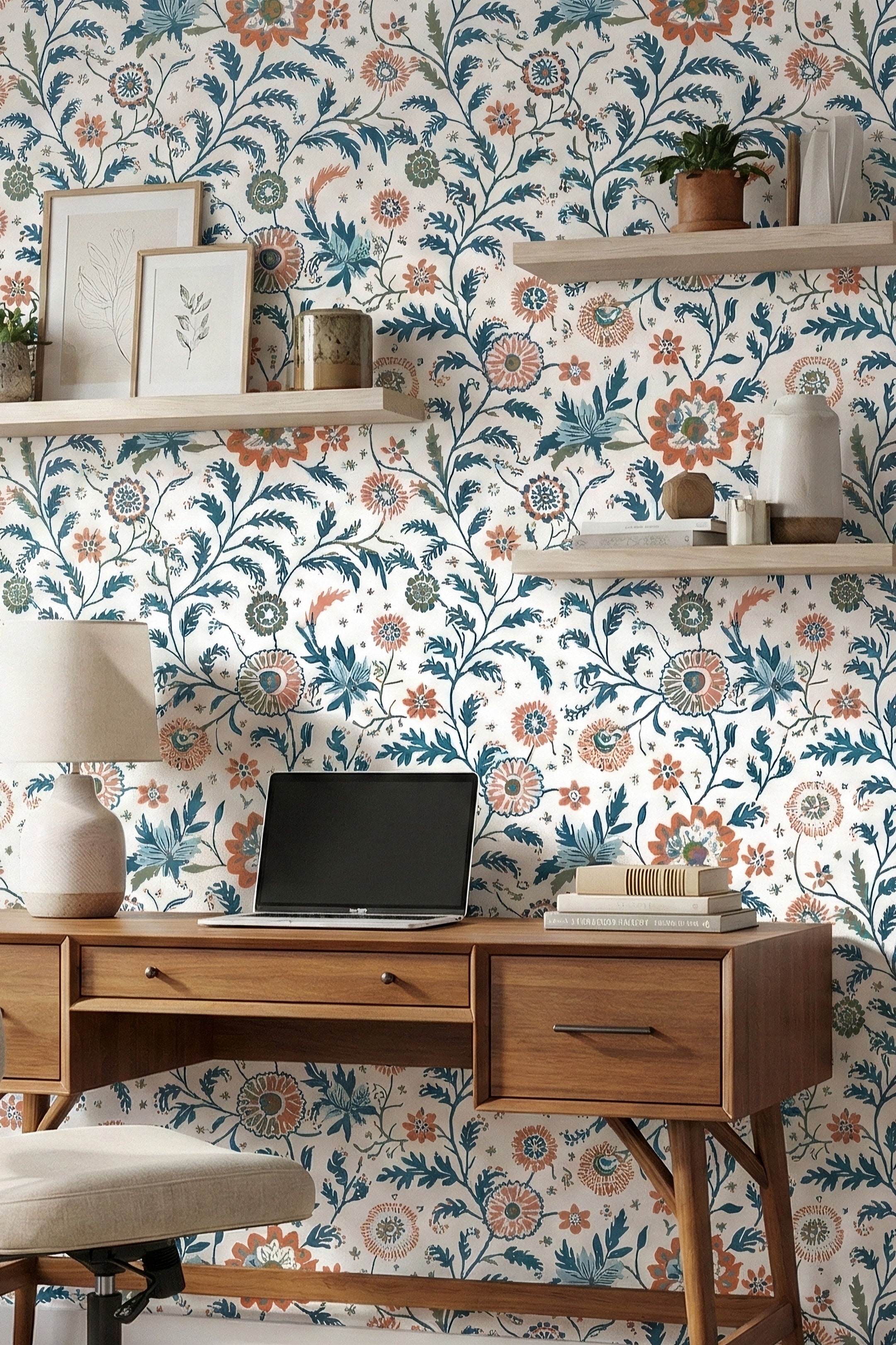 Folk Song wallpaper shown in a home office