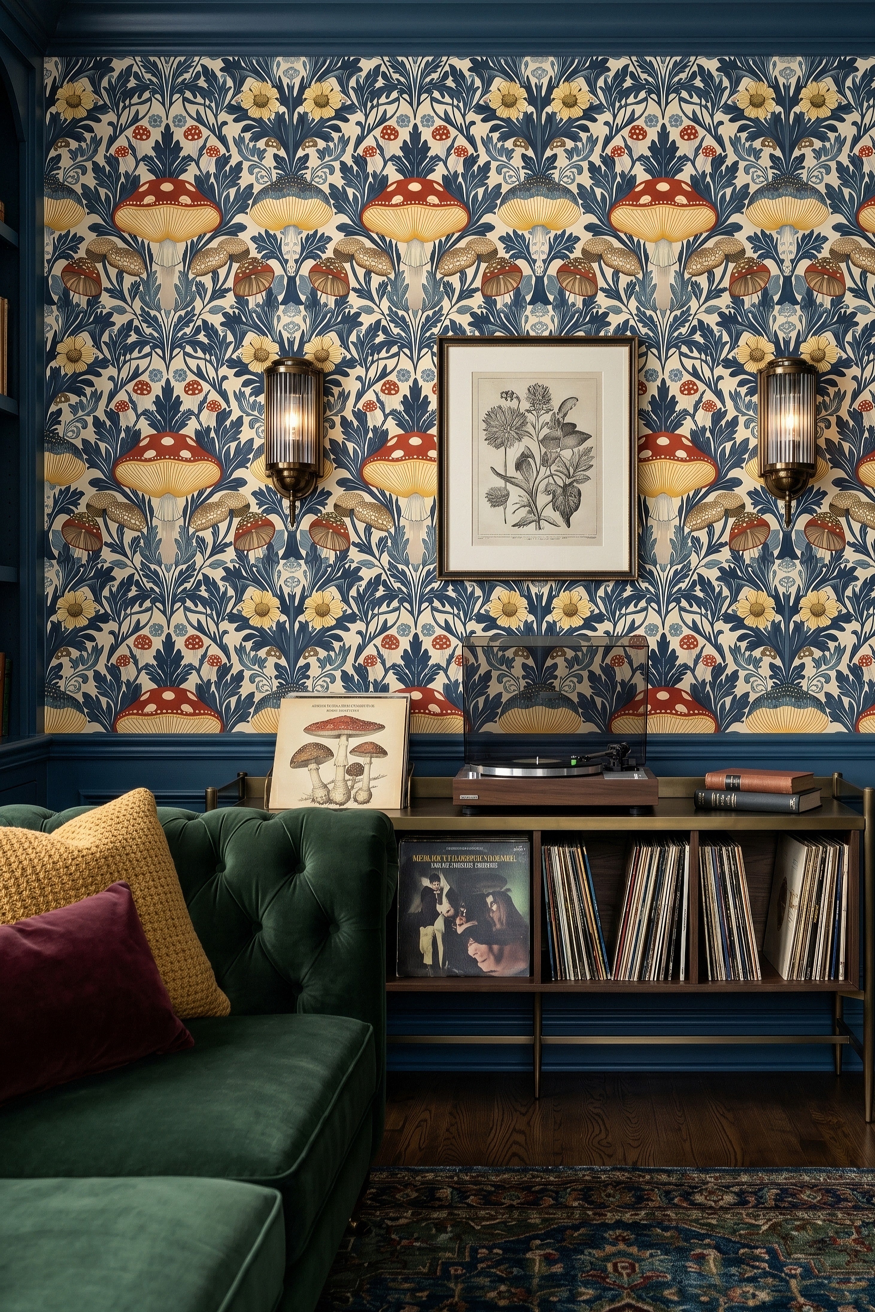 Toadstool Tapestry wallpaper shown in a media room