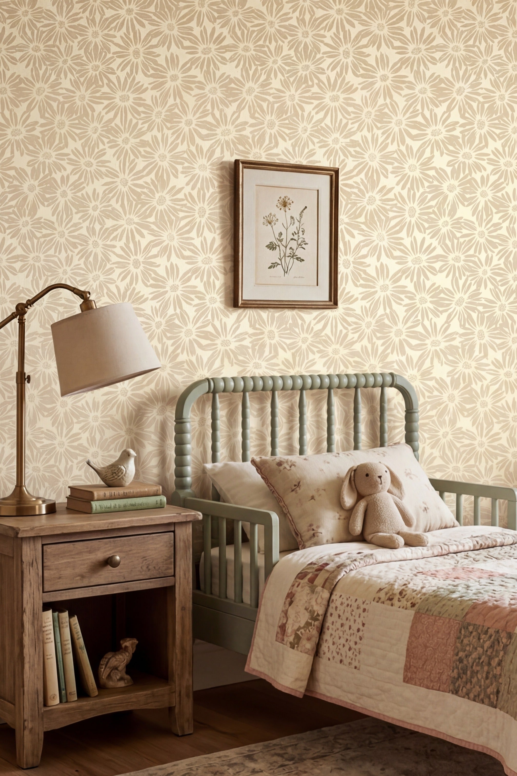 Daisy Fields wallpaper shown in a bedroom