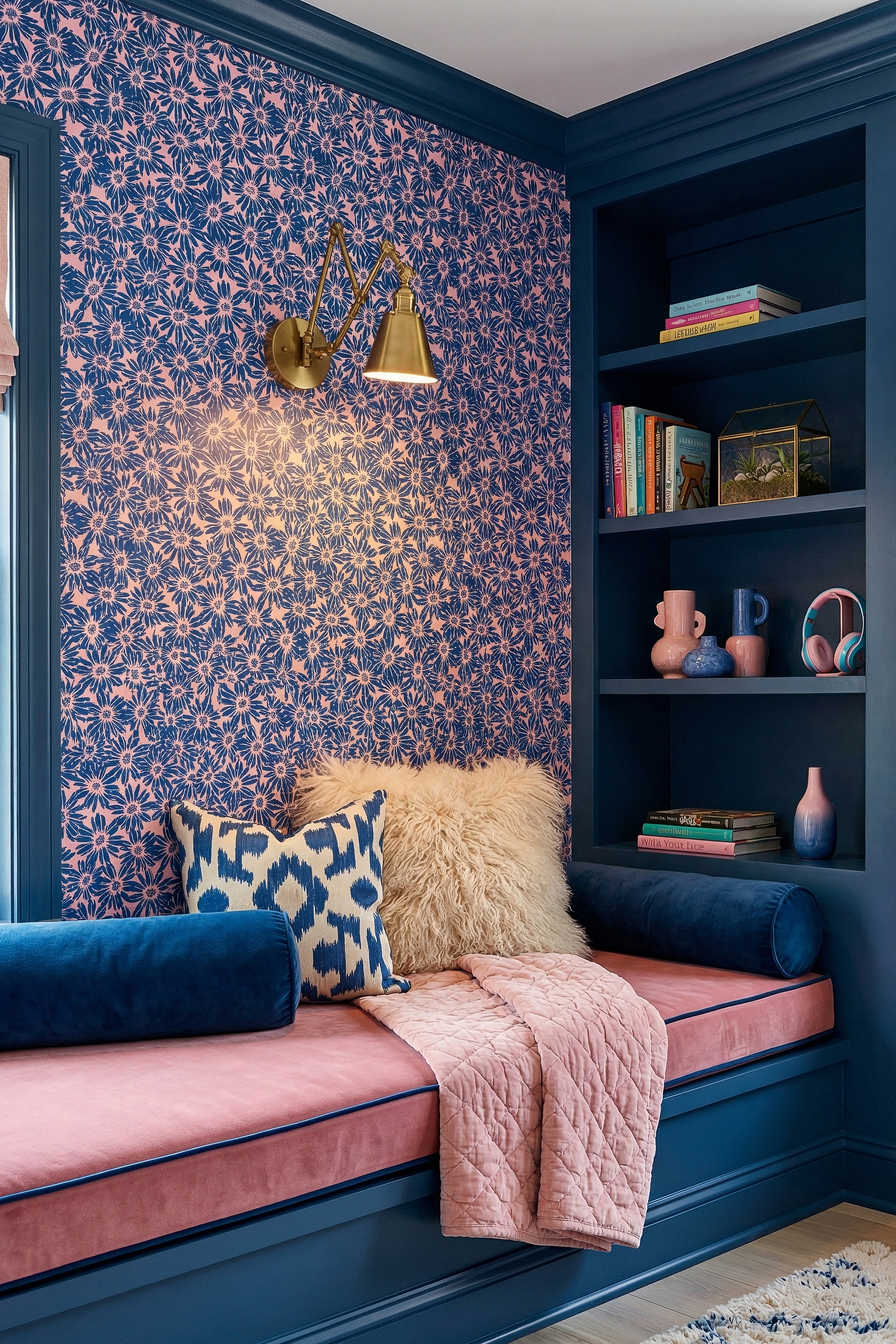 Midnight Daisy wallpaper shown in a cozy nook