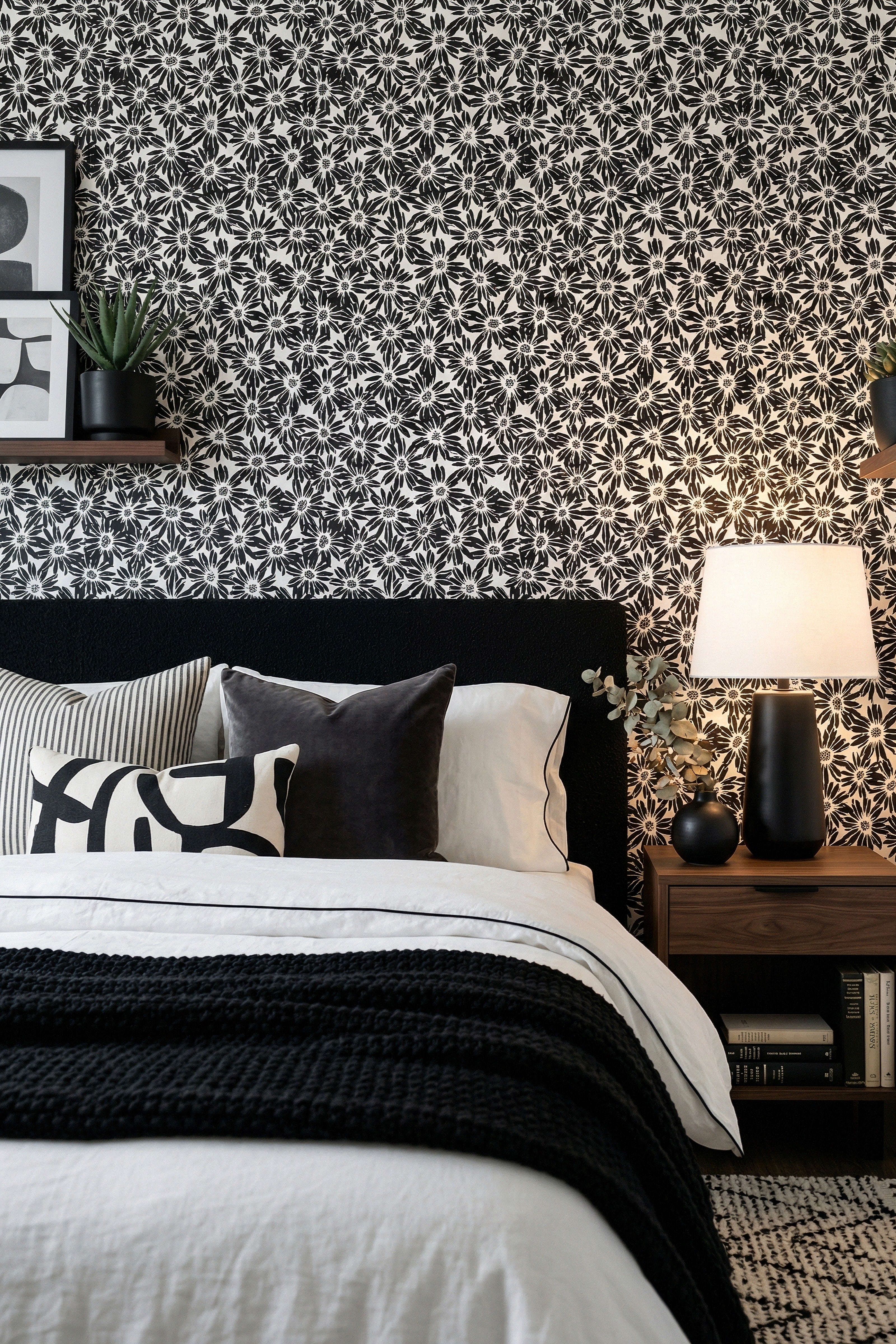 Daisy Noir wallpaper shown in a bedroom