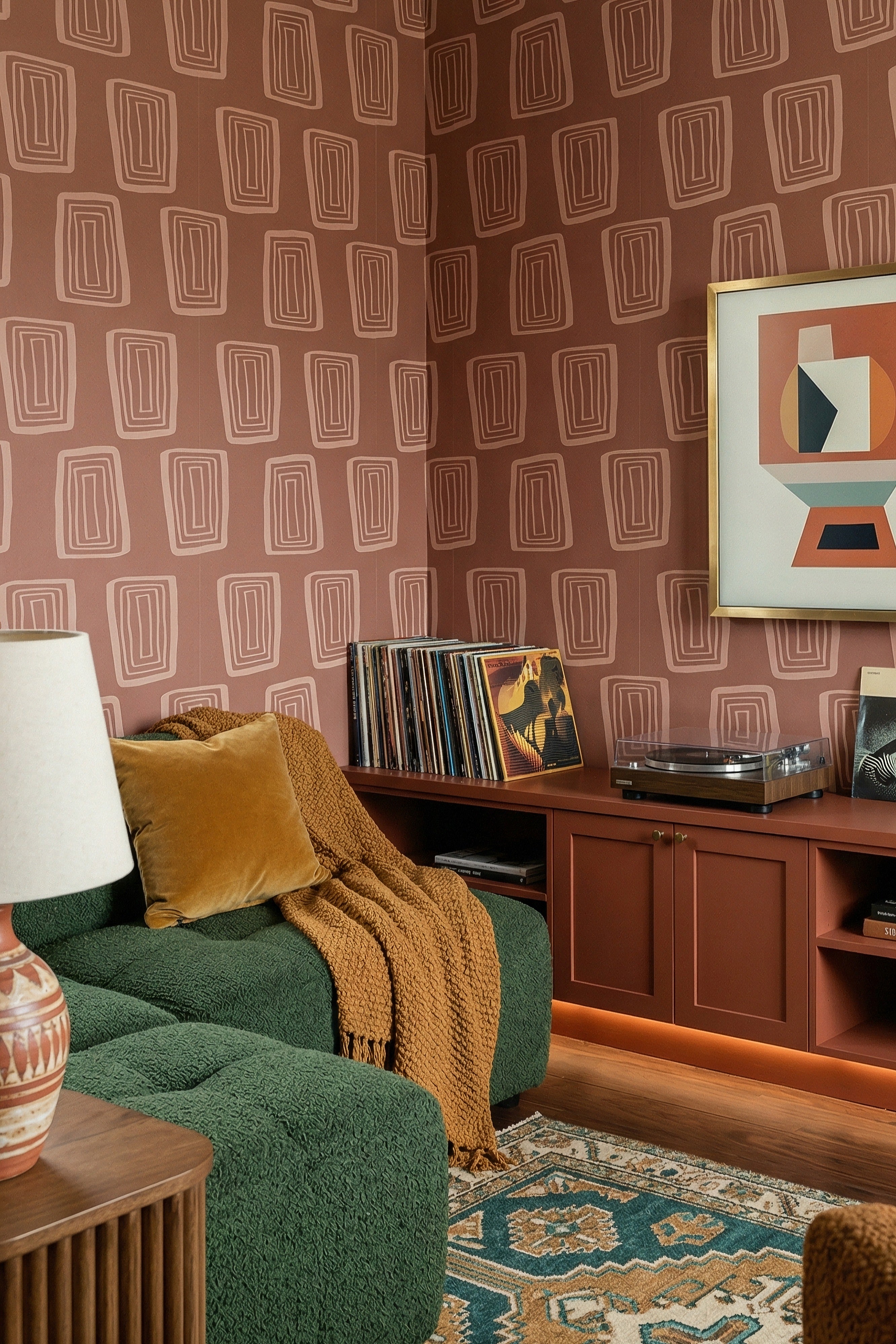 Mocha Mod wallpaper shown in a media room