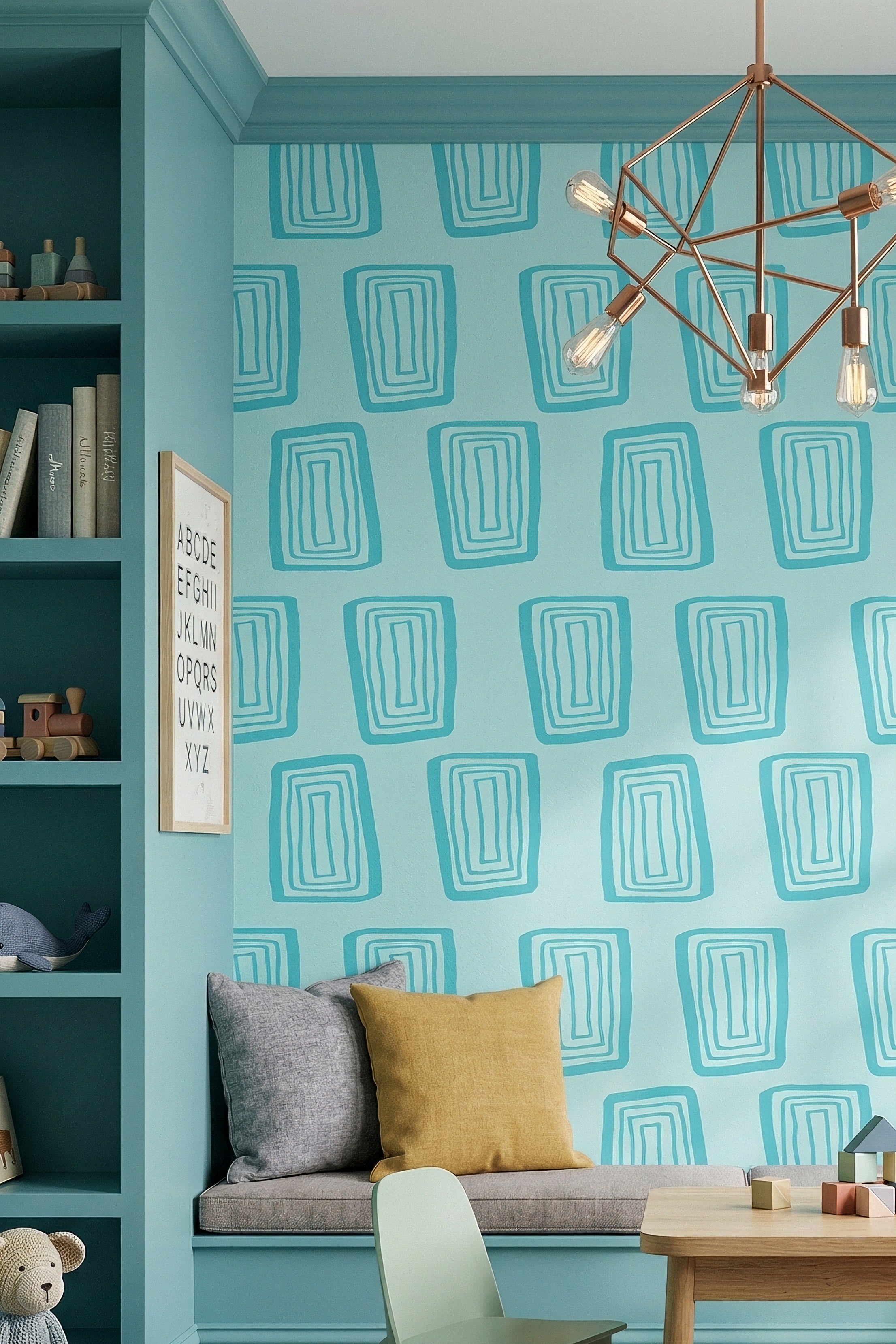 Aqua Blocks wallpaper shown in a playroom