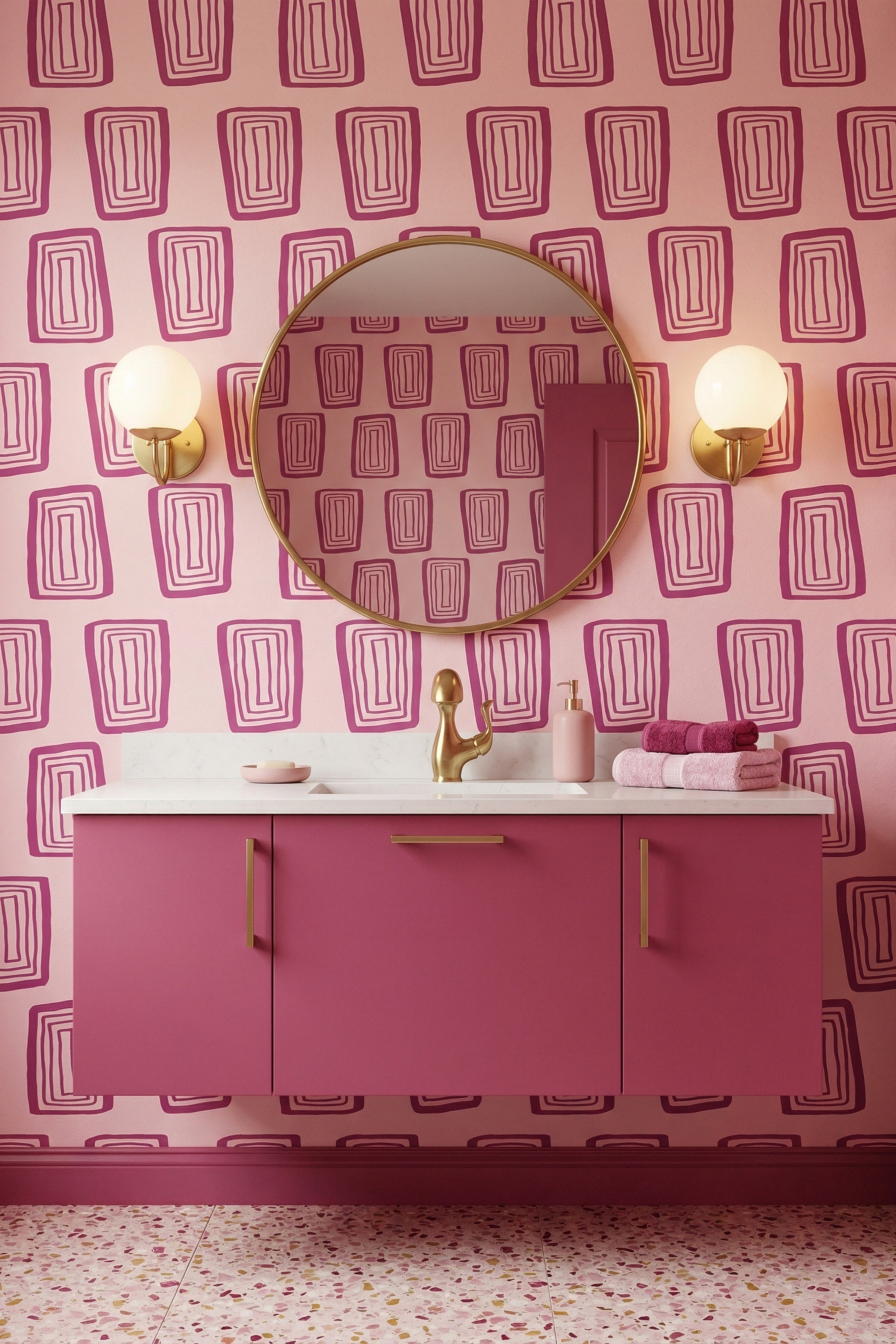 Groove Blush wallpaper shown in a powder room