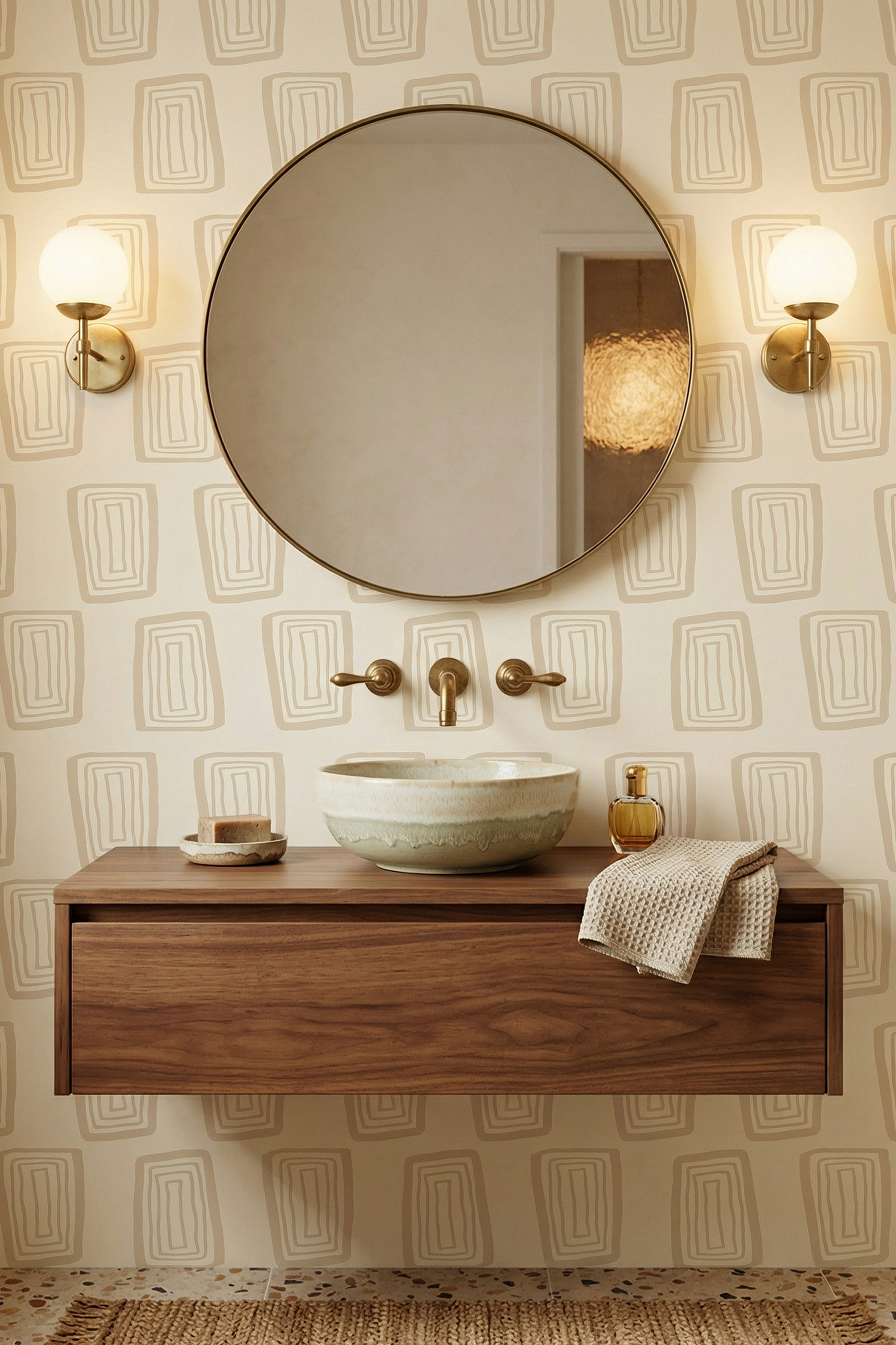 Cream Groove wallpaper shown in a powder room