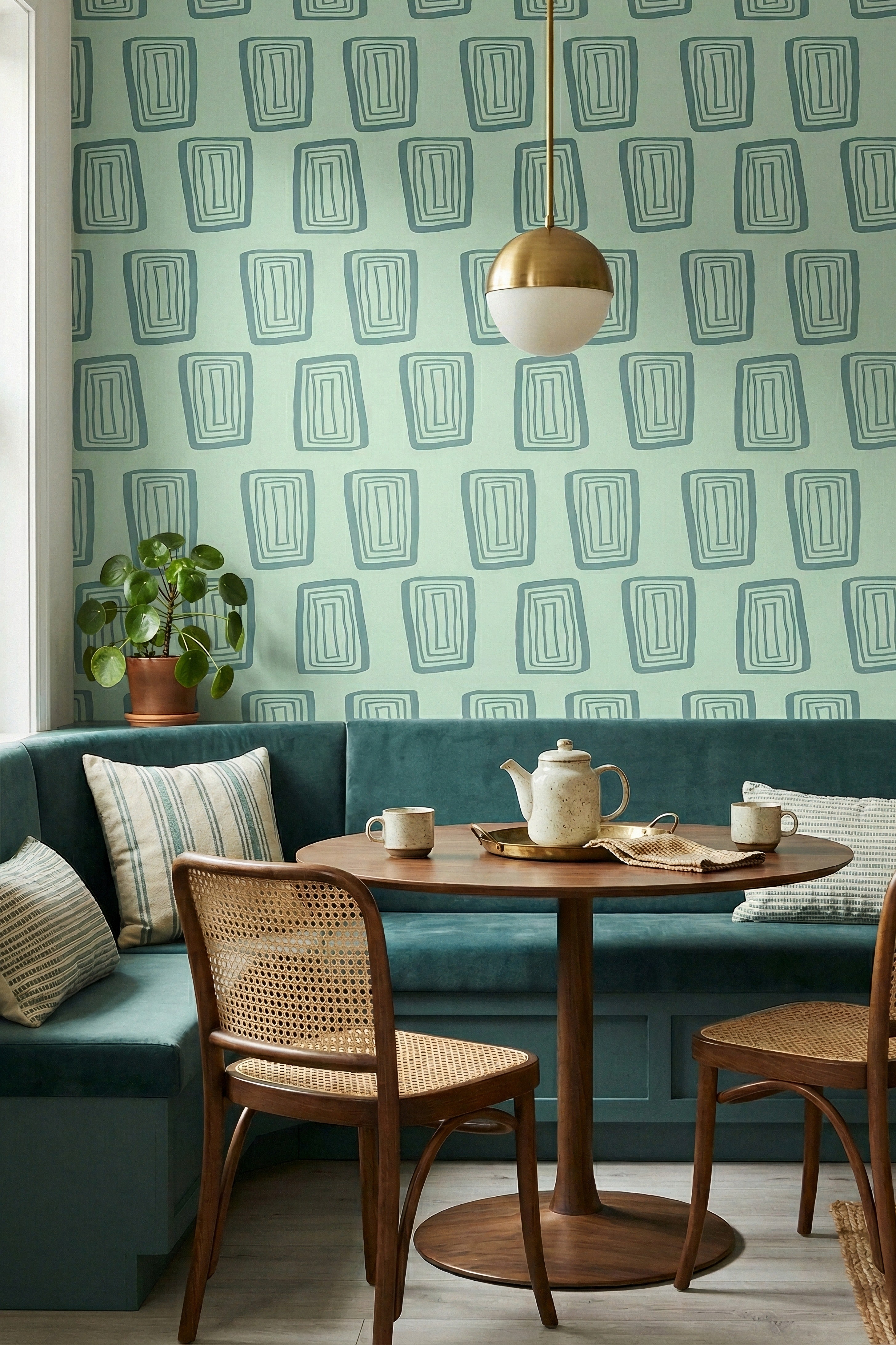 Green Groove wallpaper shown in a cozy nook