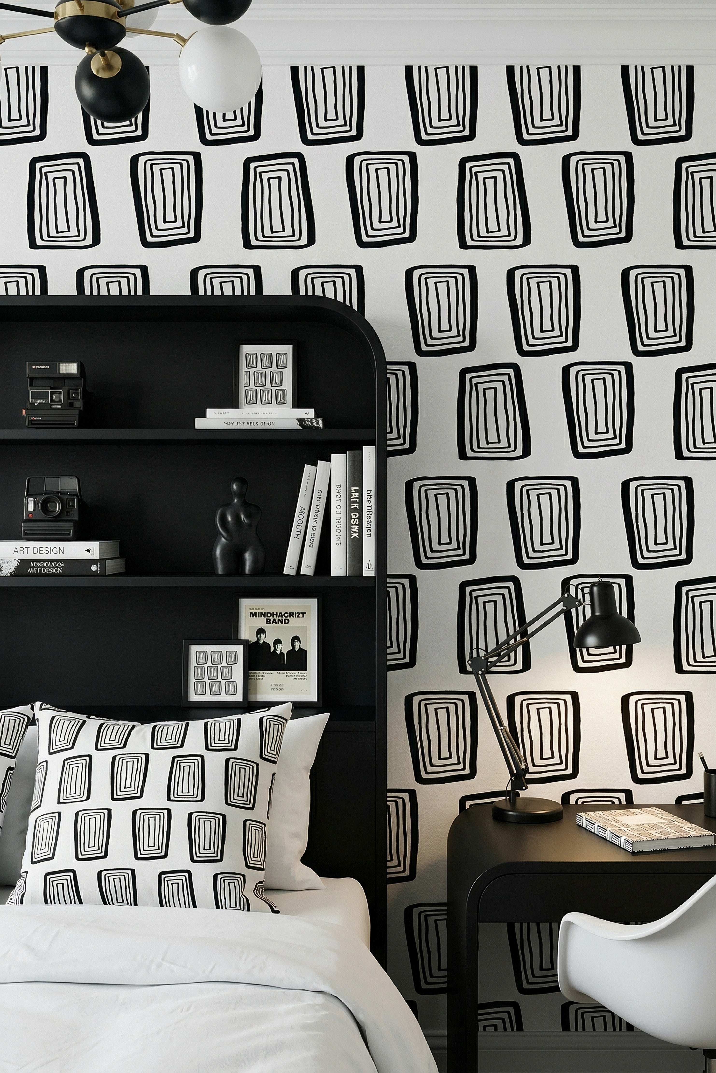 Domino wallpaper shown in a bedroom