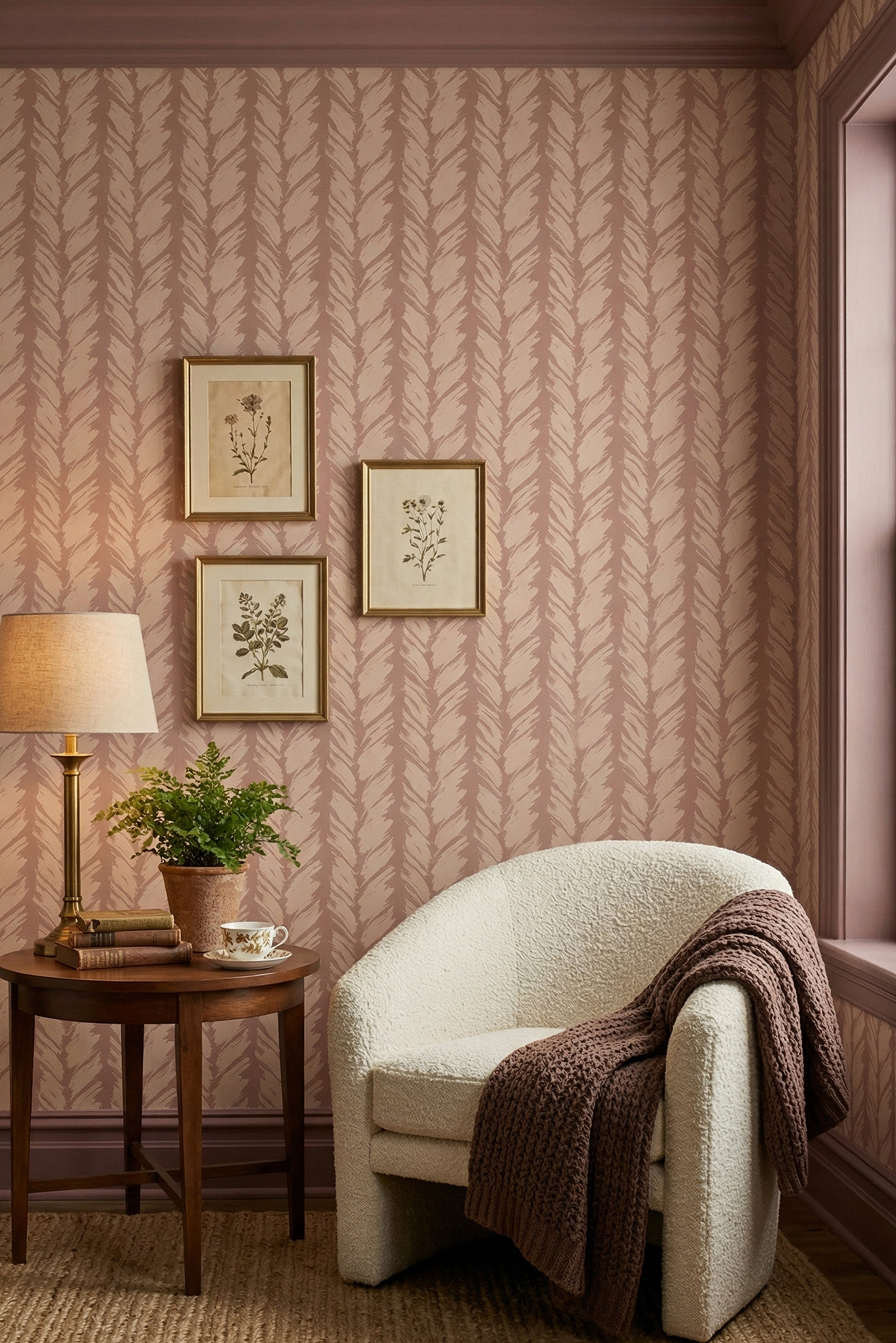 Mocha Brush wallpaper shown in a reading corner