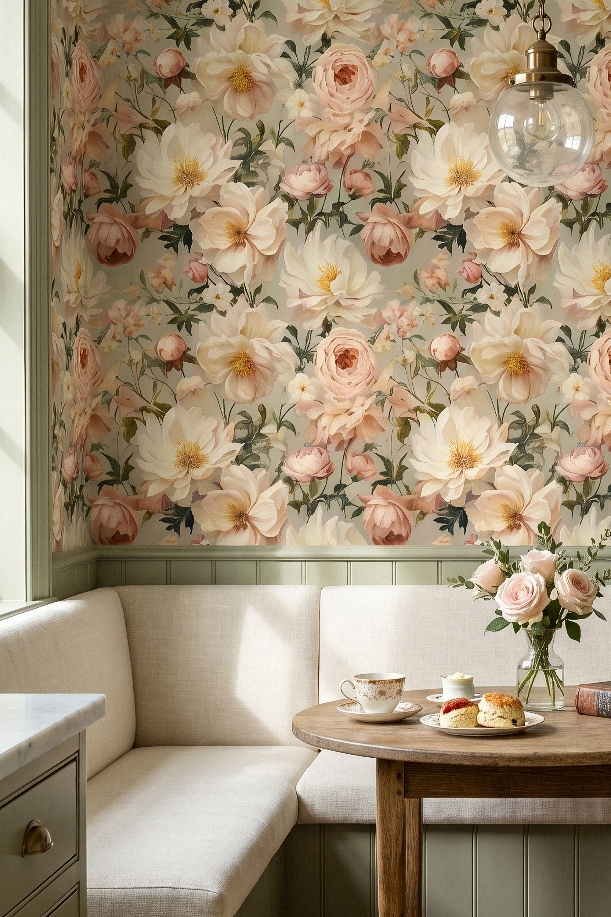 Parlor Cream wallpaper shown in a cozy nook