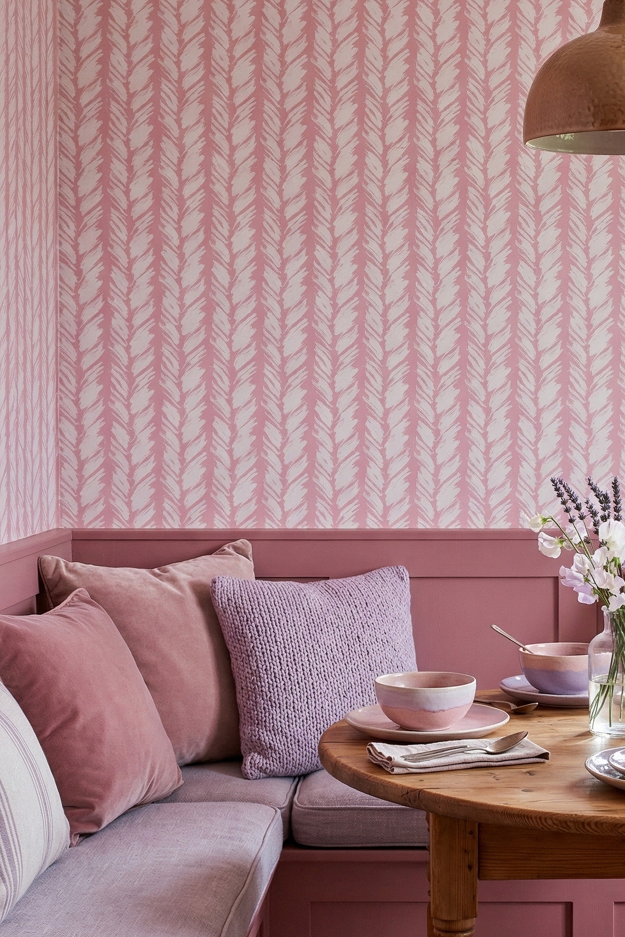 Blush Brush wallpaper shown in a cozy nook