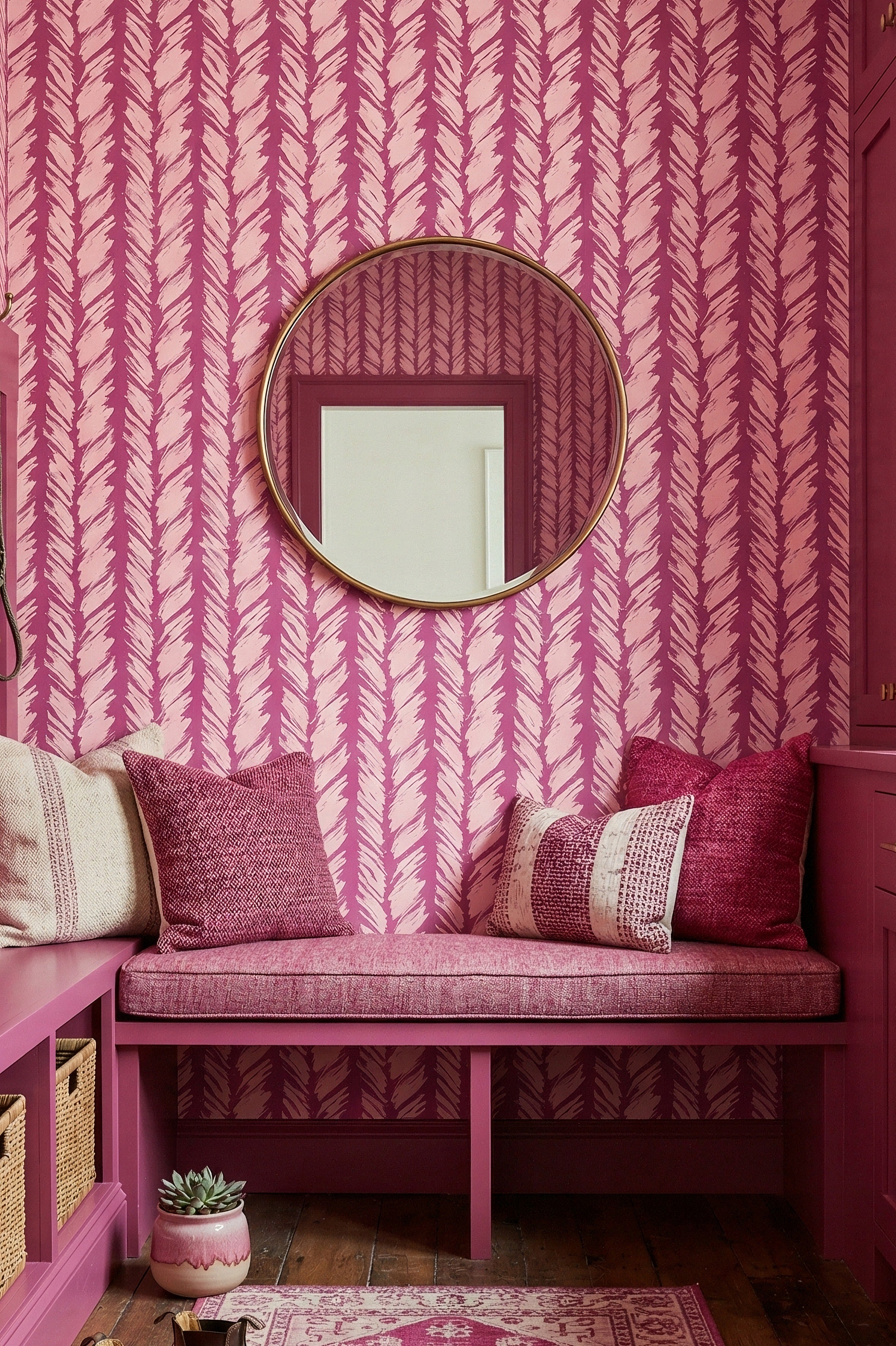 Pink Sketch wallpaper shown in a mudroom