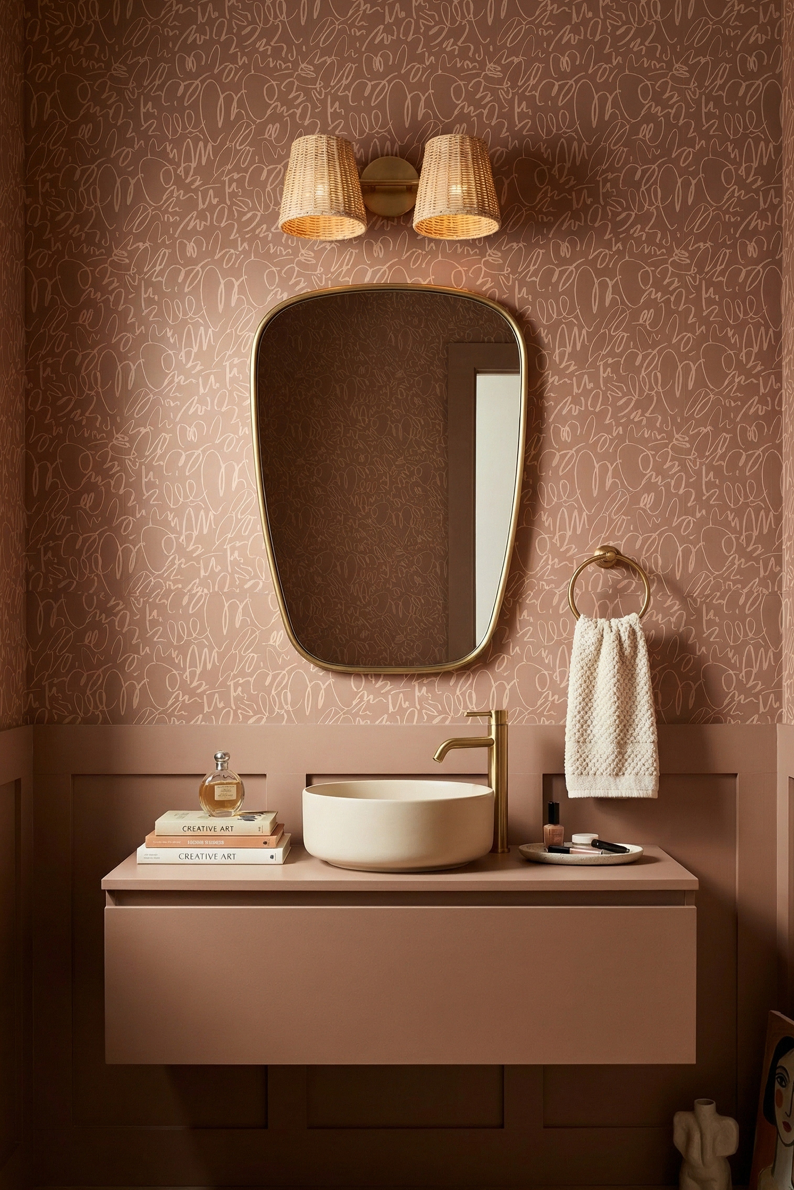 Mocha Doodle wallpaper shown in a powder room