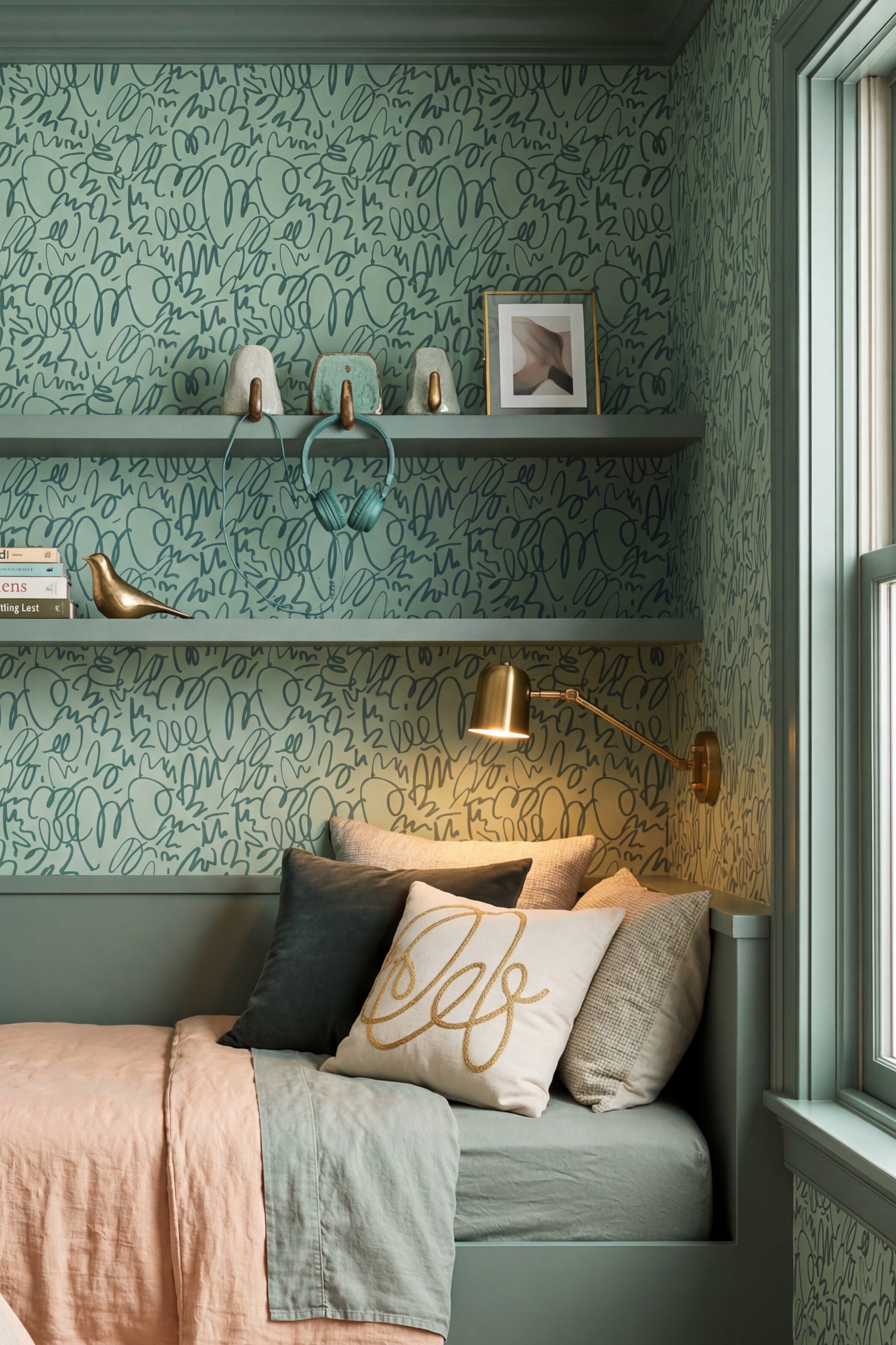 Sage Scribble wallpaper shown in a bedroom