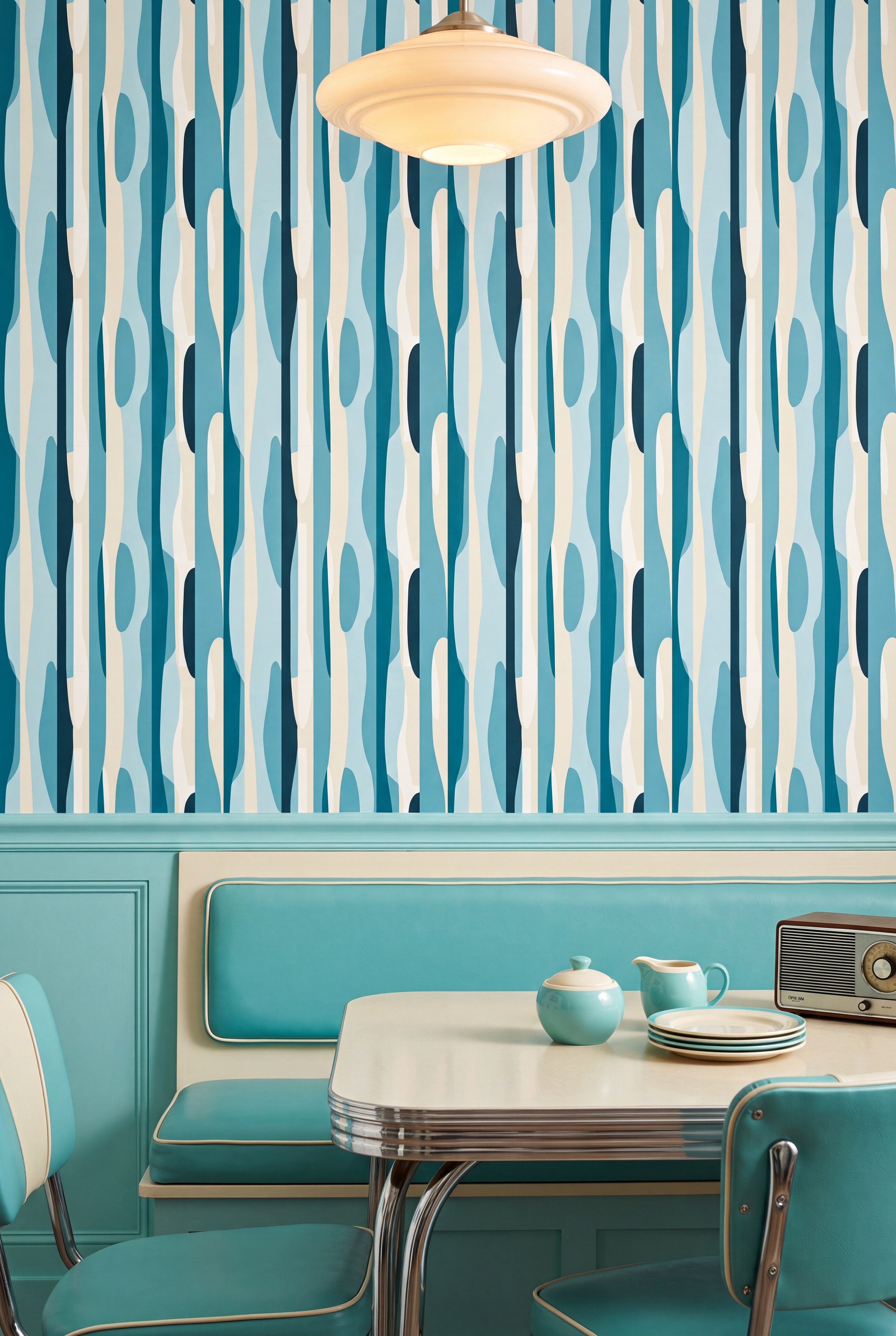Retro Tide wallpaper shown in a cozy nook
