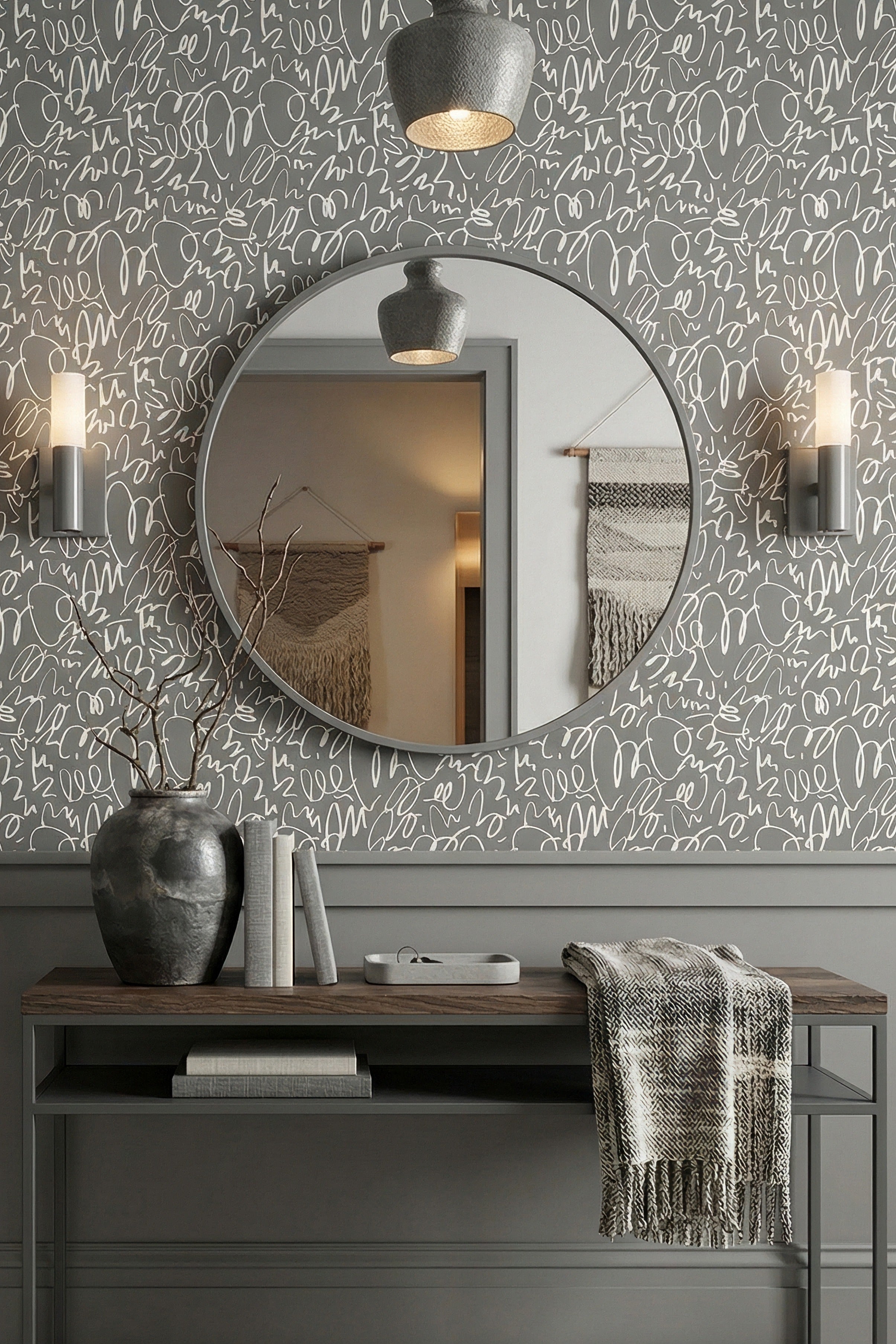 Graphite Doodle wallpaper shown in an entryway