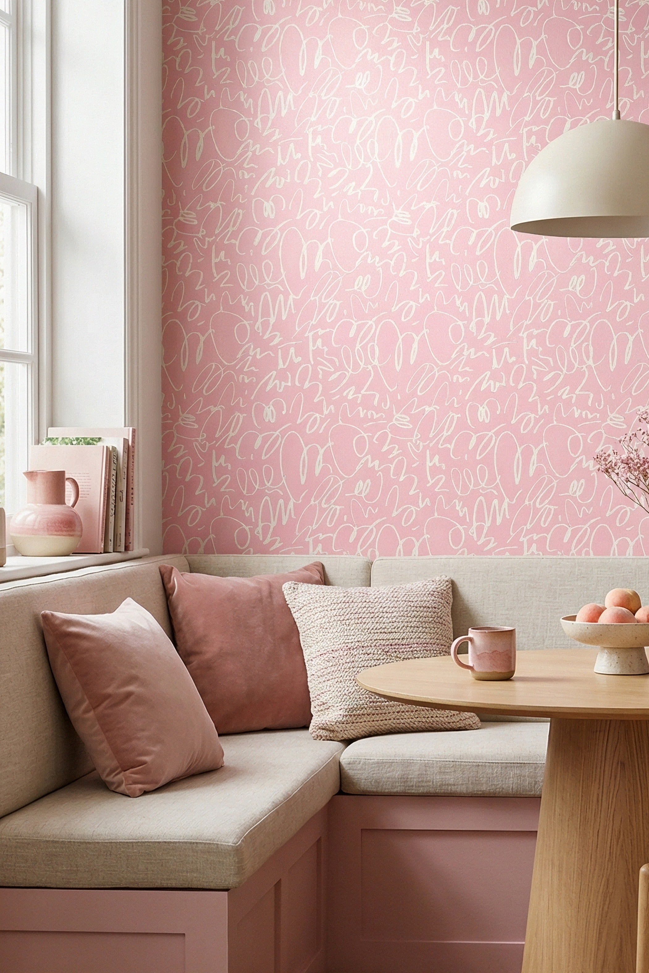 Pink Doodle wallpaper shown in a cozy nook
