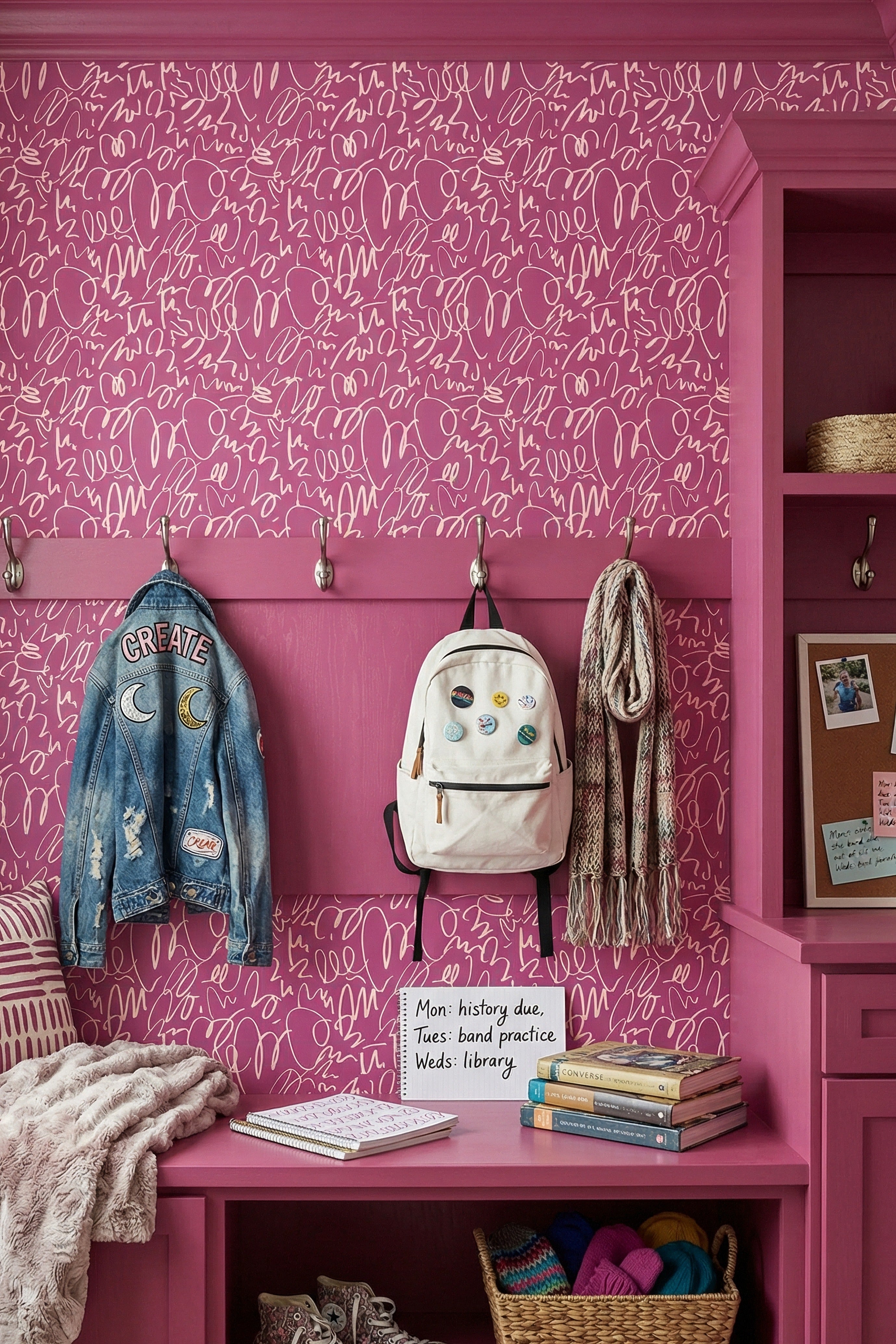 Magenta Scribble wallpaper shown in a mudroom