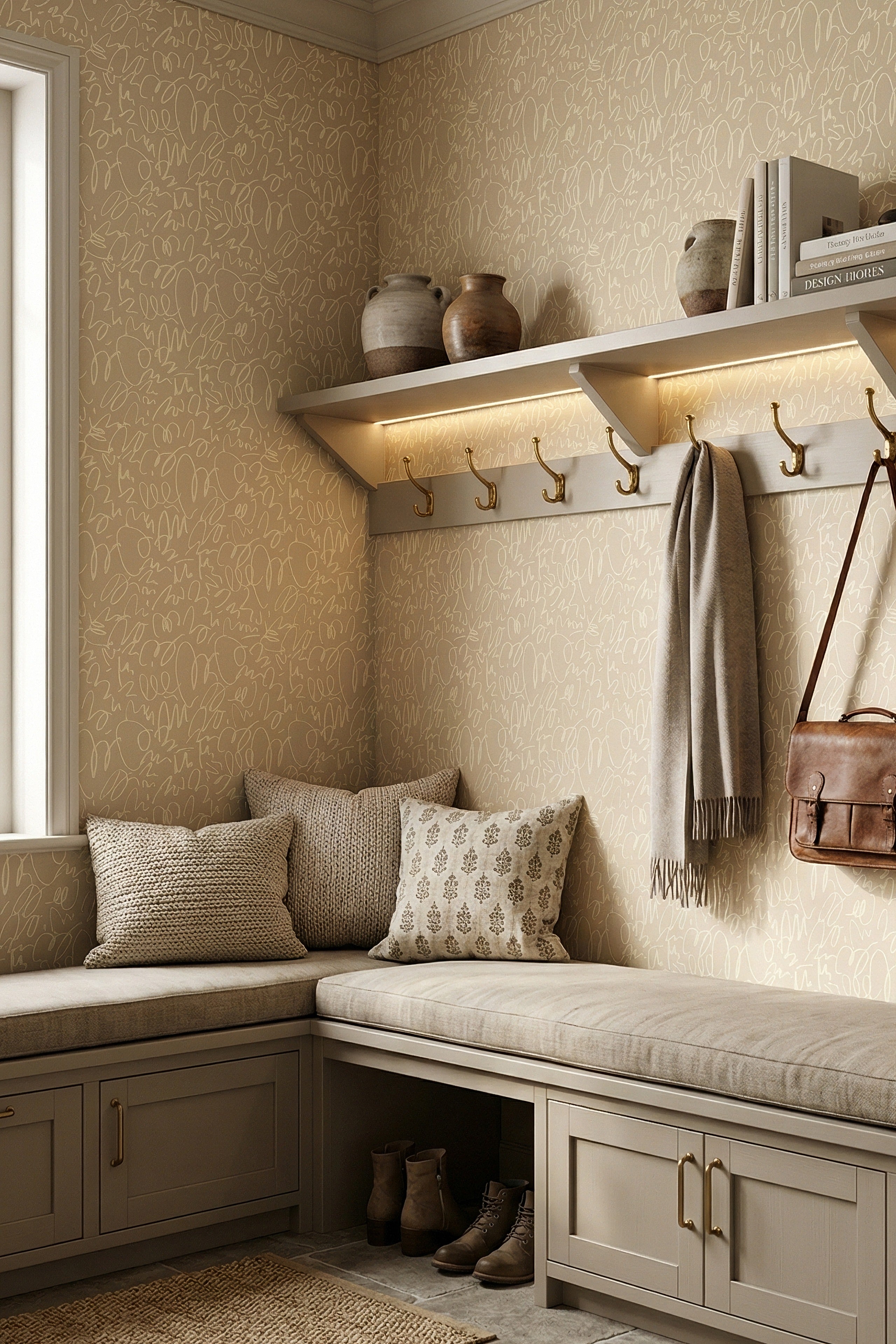 Cream Doodle wallpaper shown in a mudroom