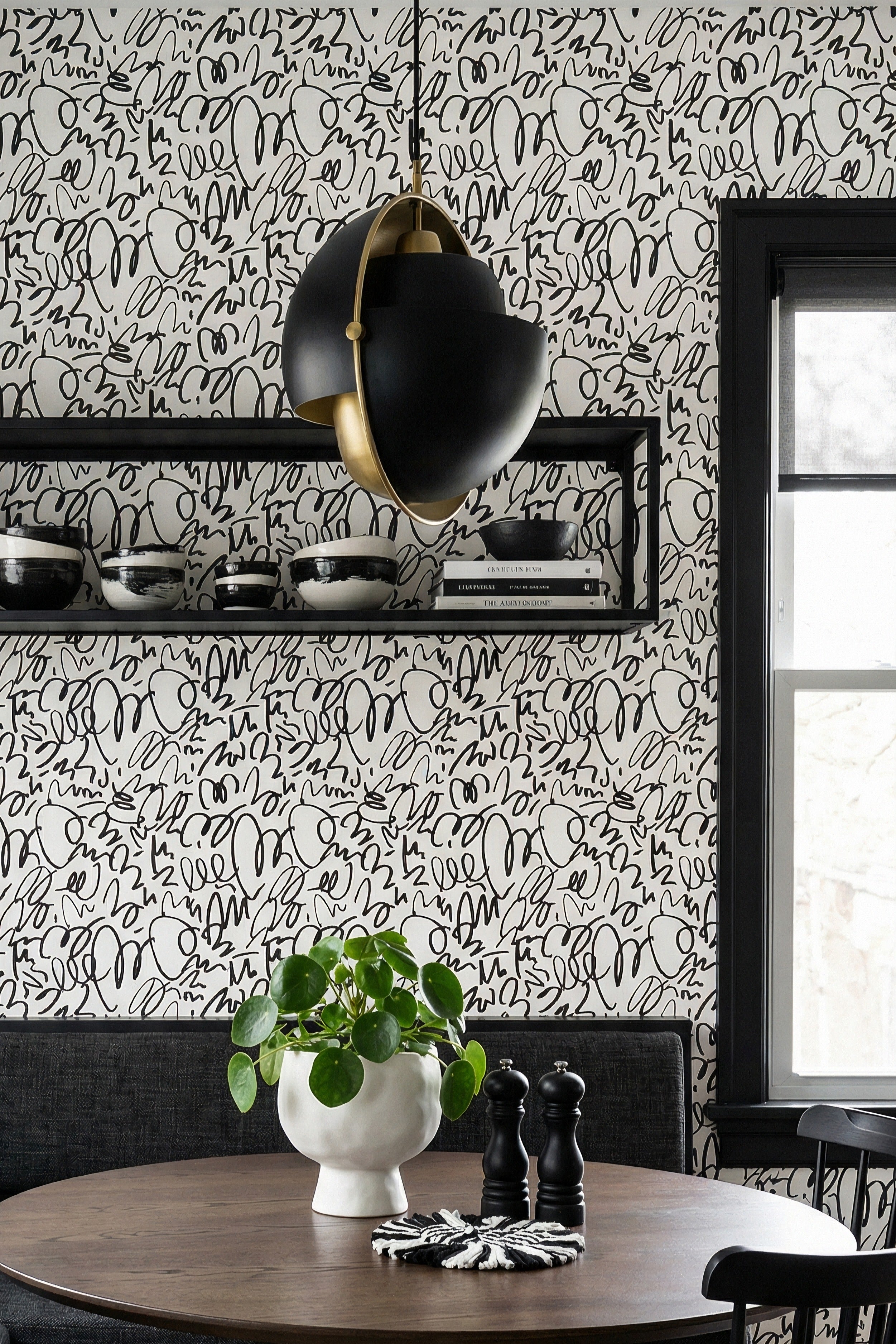 Ink Doodle wallpaper shown in a cozy nook