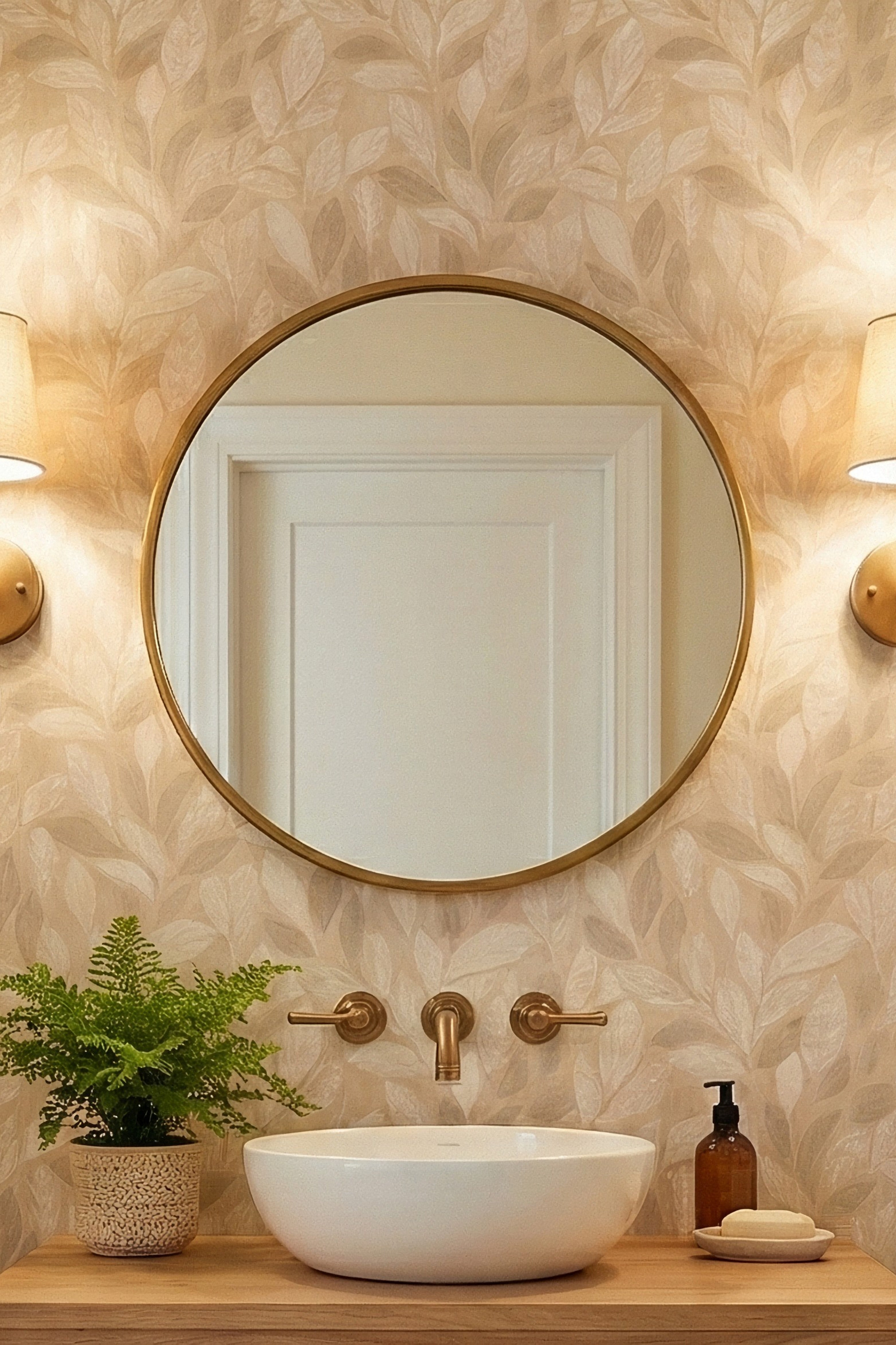 Whisper Leaf wallpaper shown in a powder room
