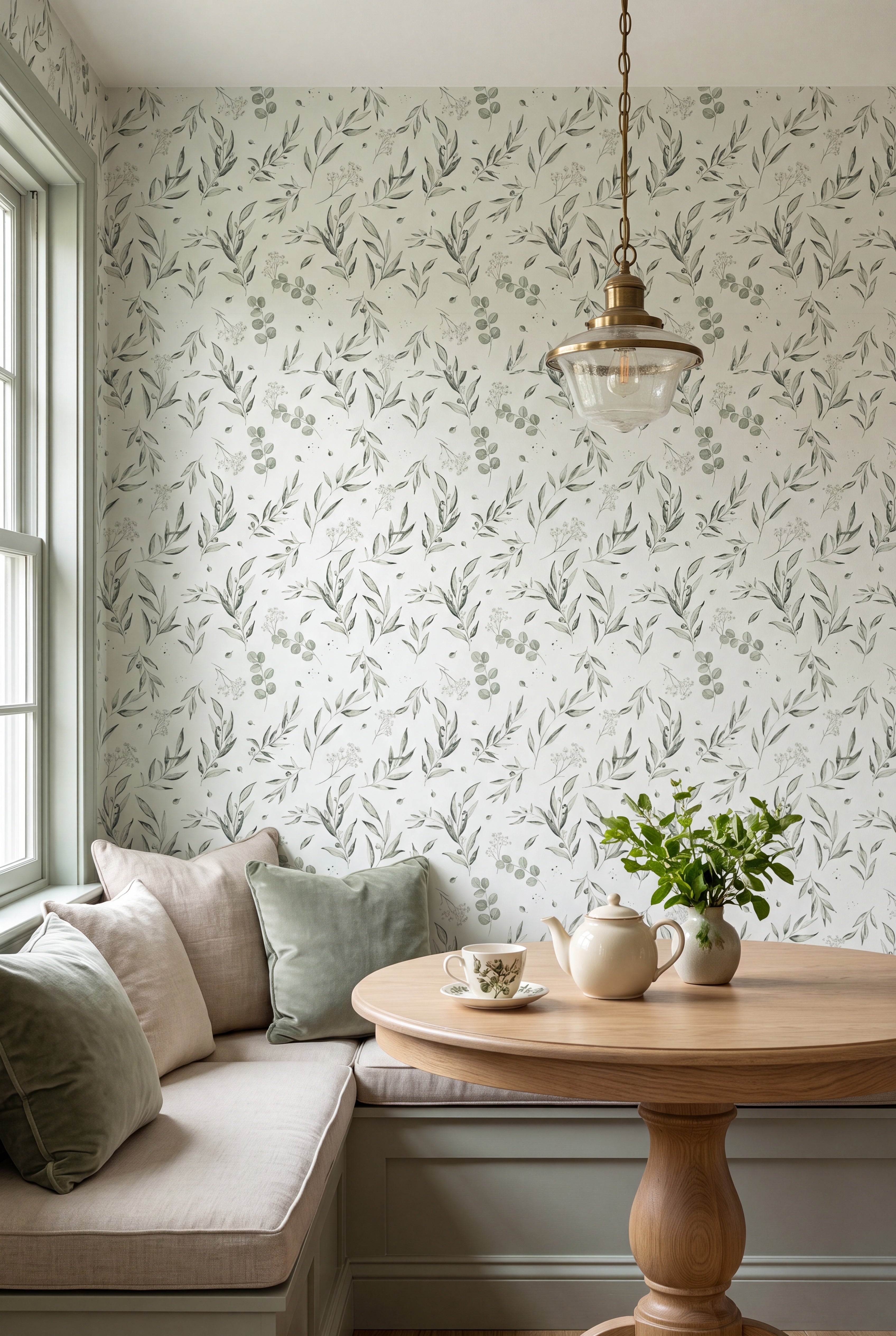 Eucalyptus Grove wallpaper shown in a cozy nook