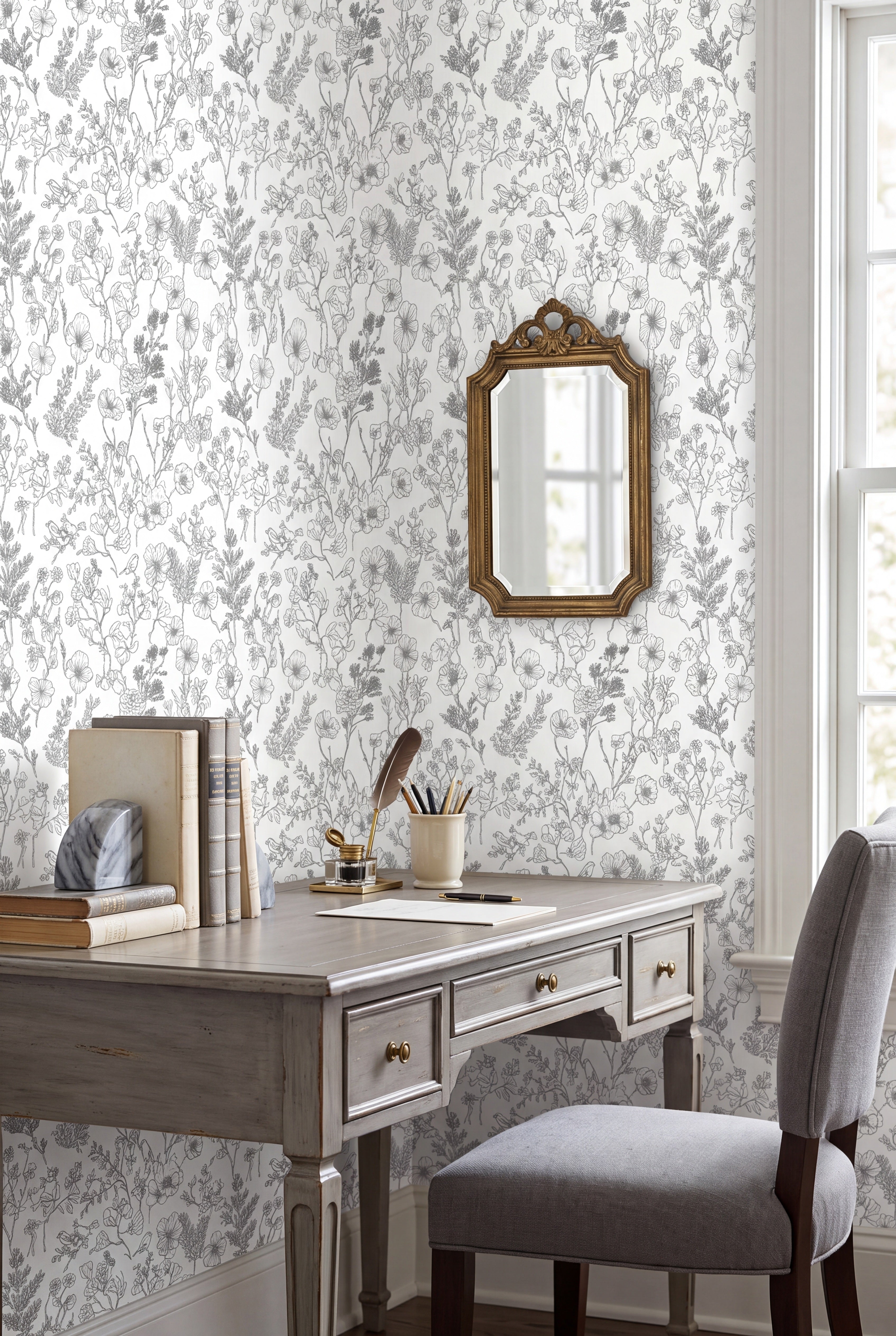Hidden Aviary wallpaper shown in a home office