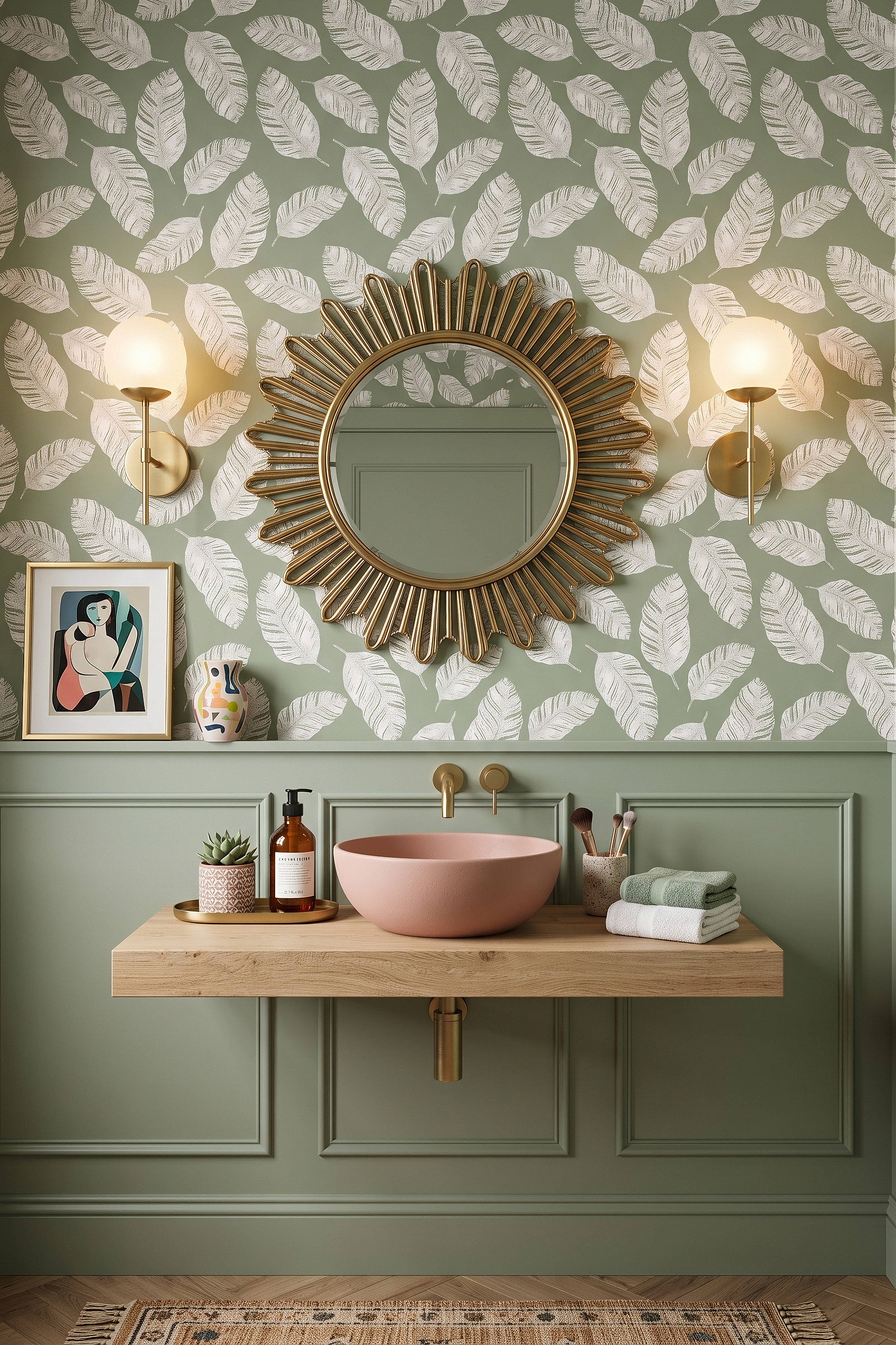 Cabana Sage wallpaper shown in a powder room