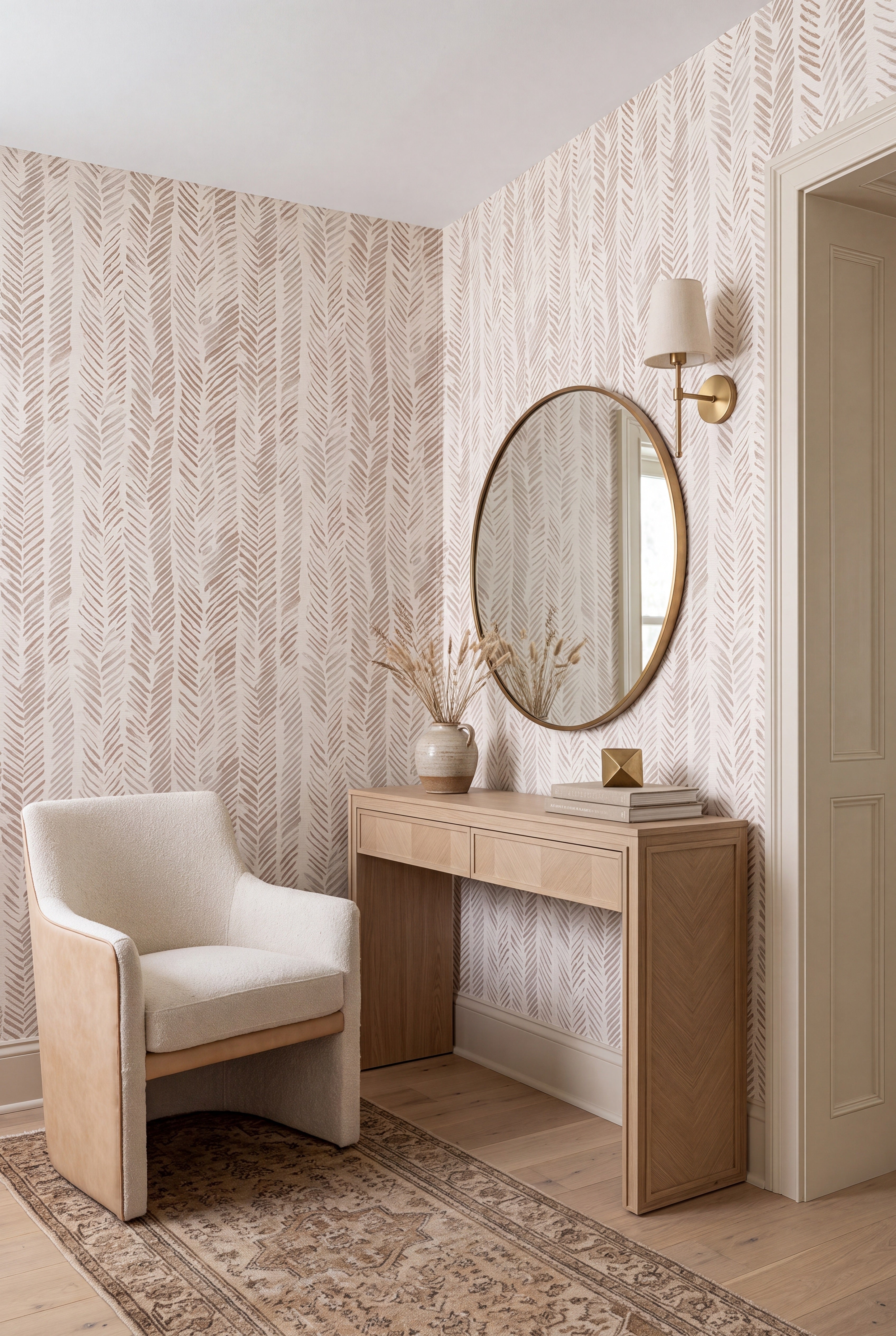 Boho Herringbone wallpaper shown in an entryway